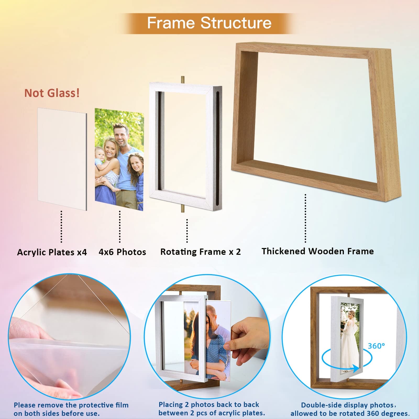 ZEEYUAN 4x6 Desk Picture Frames Rotating Rustic Photo Frame Floating 4x6 Double Side Frame for Tabletop Office Decor, Mothers Da