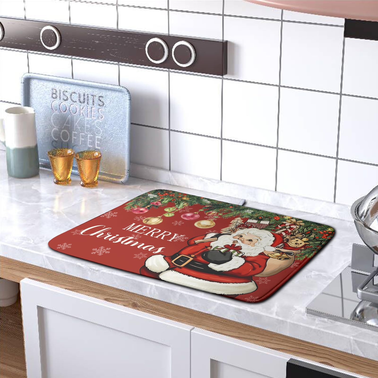 Kwlegh Merry Christmas Dish Drying Mat Santa Claus Kitchen Drainer Mats Microfiber Absorbent Winter Xmas Holiday Dishes Pad Reus