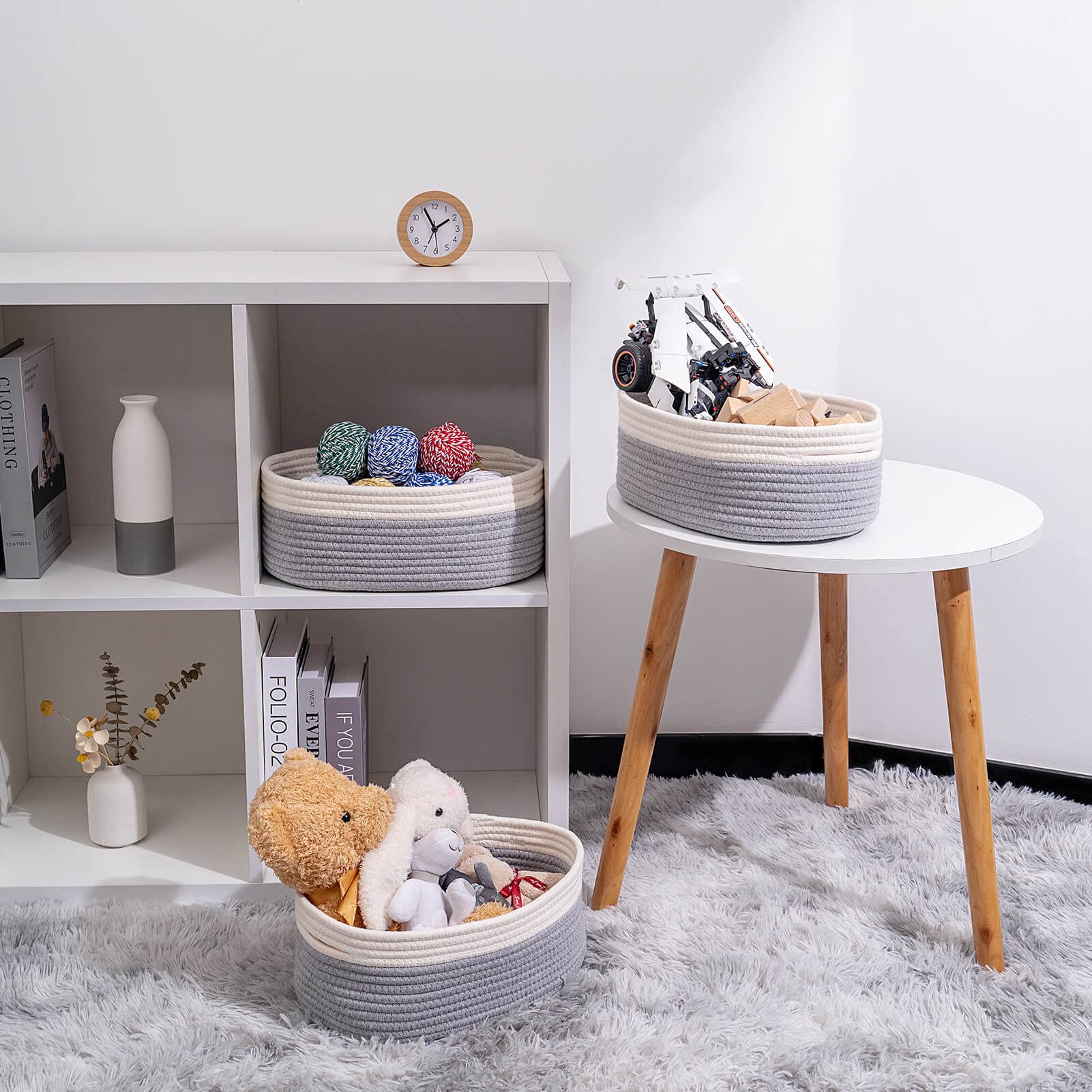 Kriitools Baskets for Shelf Storage Cute Basket to Store and Organize Household Items/Woven Rope Basket for Living Room  Bedroom Playroom/Durable Small Oval-13x8.66x5.11?? 3 Packs Off White&Gray