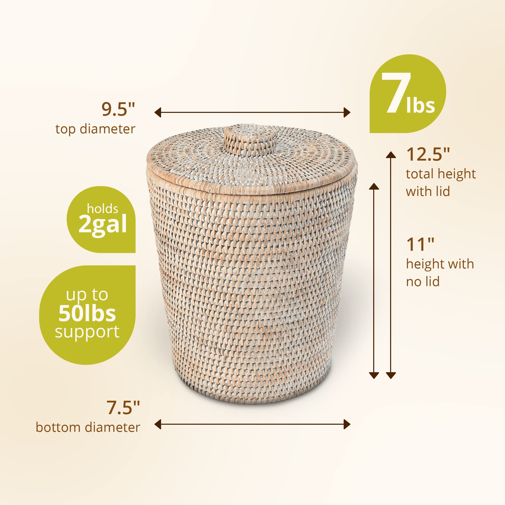 Kouboo La Jolla Rattan Round Waste Basket With Lid & Plastic Insert, 2 Gallon Woven Wastebasket For Bathroom, Kitchen, Office, L