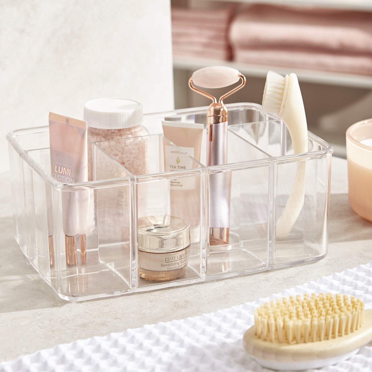 Stori 5-Compartment Clear Plastic Organizer | Rectangular Divided Makeup And Vanity Storage Bin And Office Desk Caddy | Scallope