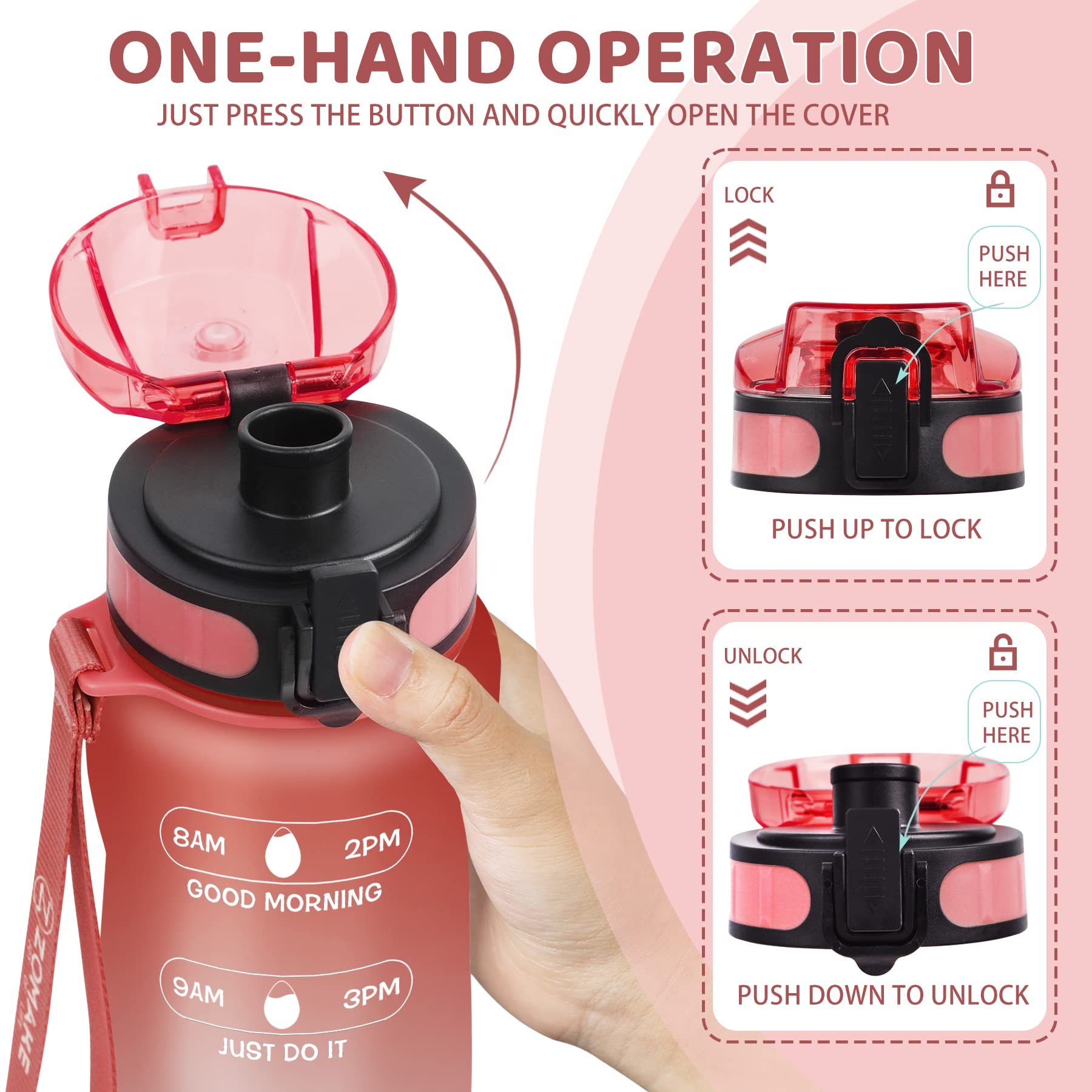 ZOMAKE 32oz Motivational Water Bottle with Times to Drink Time Marker & Removable Strainer Fast Flow Leakproof Tritan BPA Free Non-Toxic Water Jug for Fitness Gym Sports Rose Gold(Upgrade)