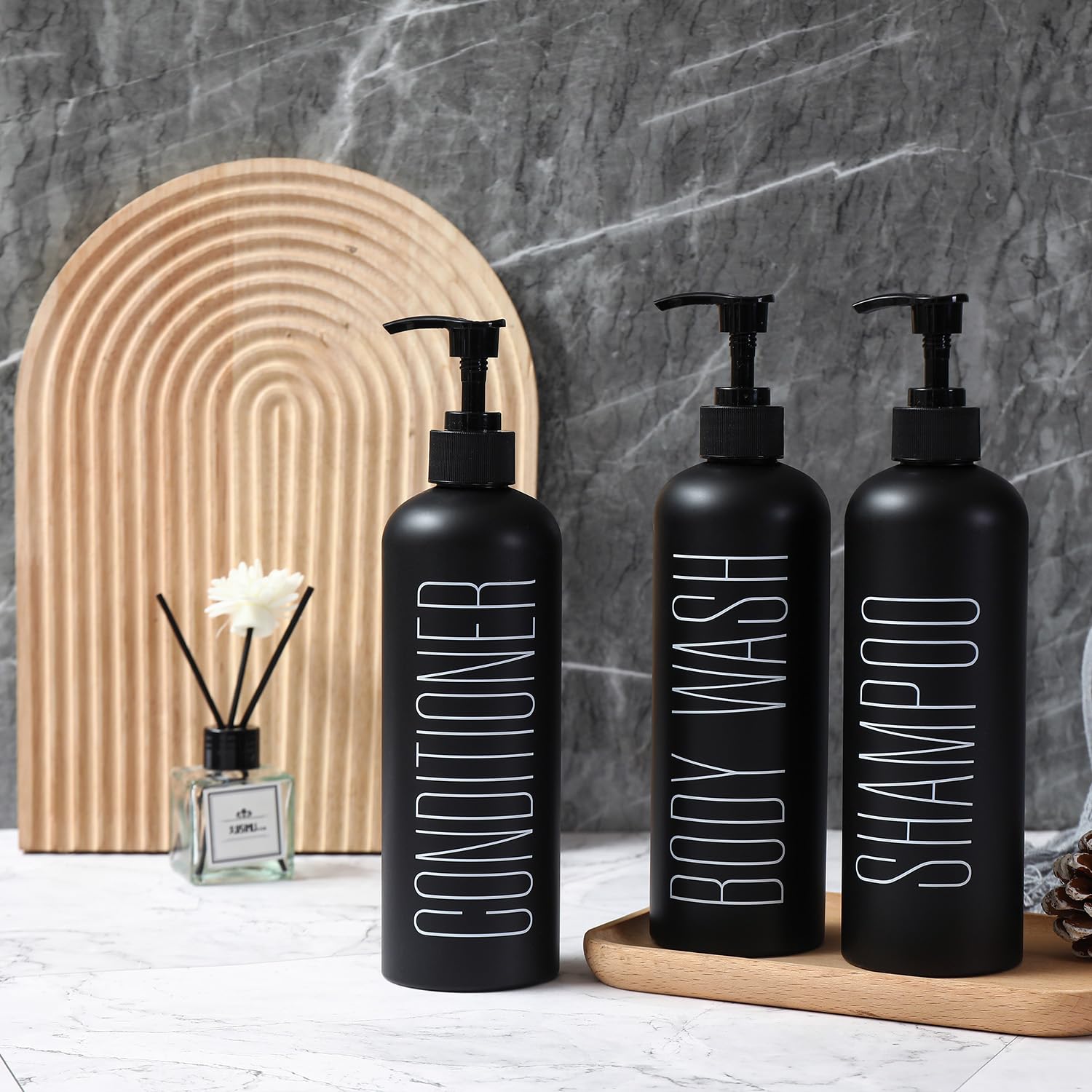HOMCDALY Black Shampoo and Conditioner Dispenser, 16oz 3-Pack, Refillable Plastic Pump Bottles for Bathroom Shower