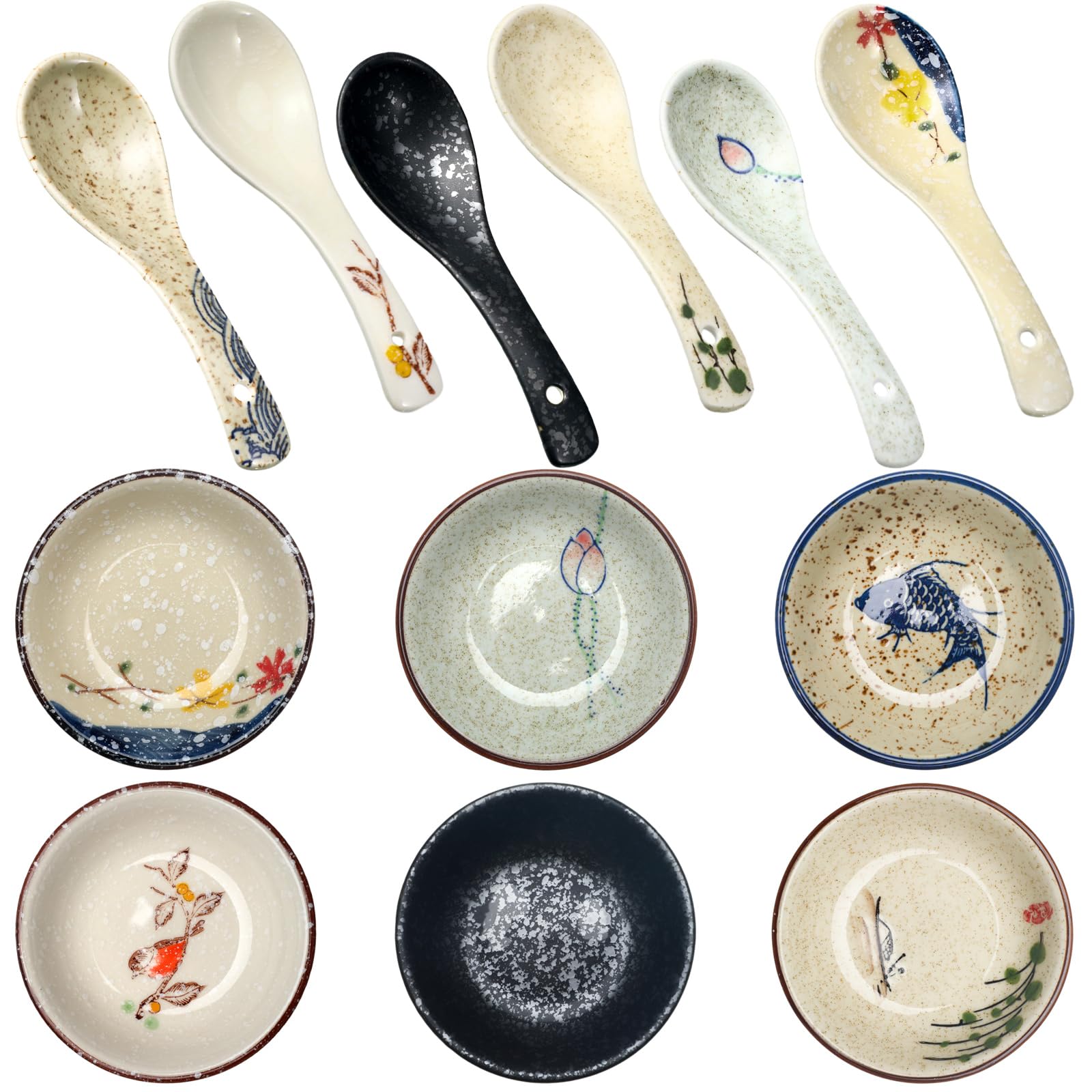 Tioncy Set Of 12 Japanese Retro Style Tableware Soy Sauce Dish Set 6 Pcs Asian Soup Spoons 6 Pcs Ramen Spoon Appetizer Plates 3.