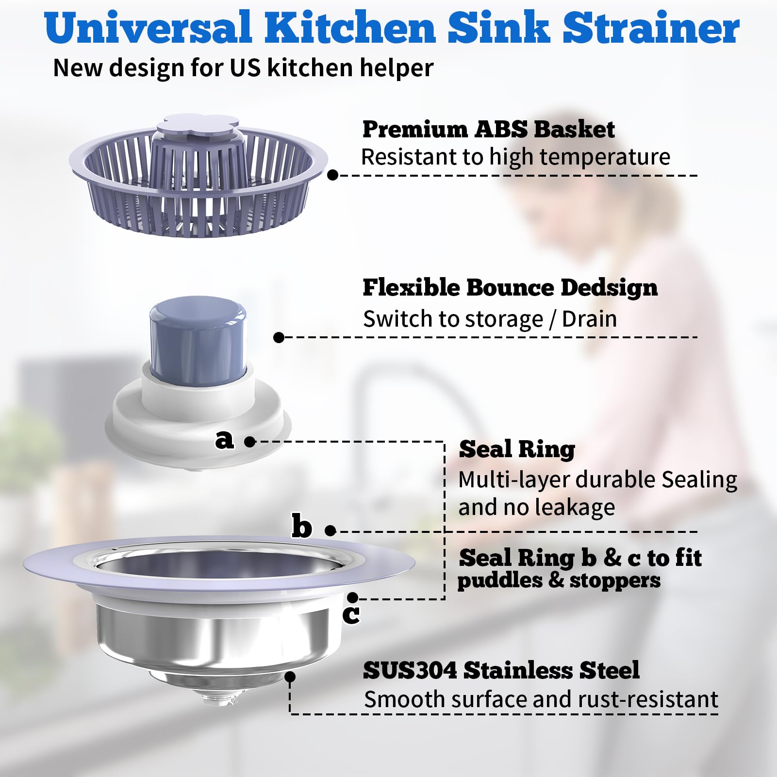 Enjoycrafts 3 In 1 Kitchen Sink Drain Strainer Stopper, Brushed Stainless Steel Sus 304 Pop Up Sink Drain Stopper For Standard 3
