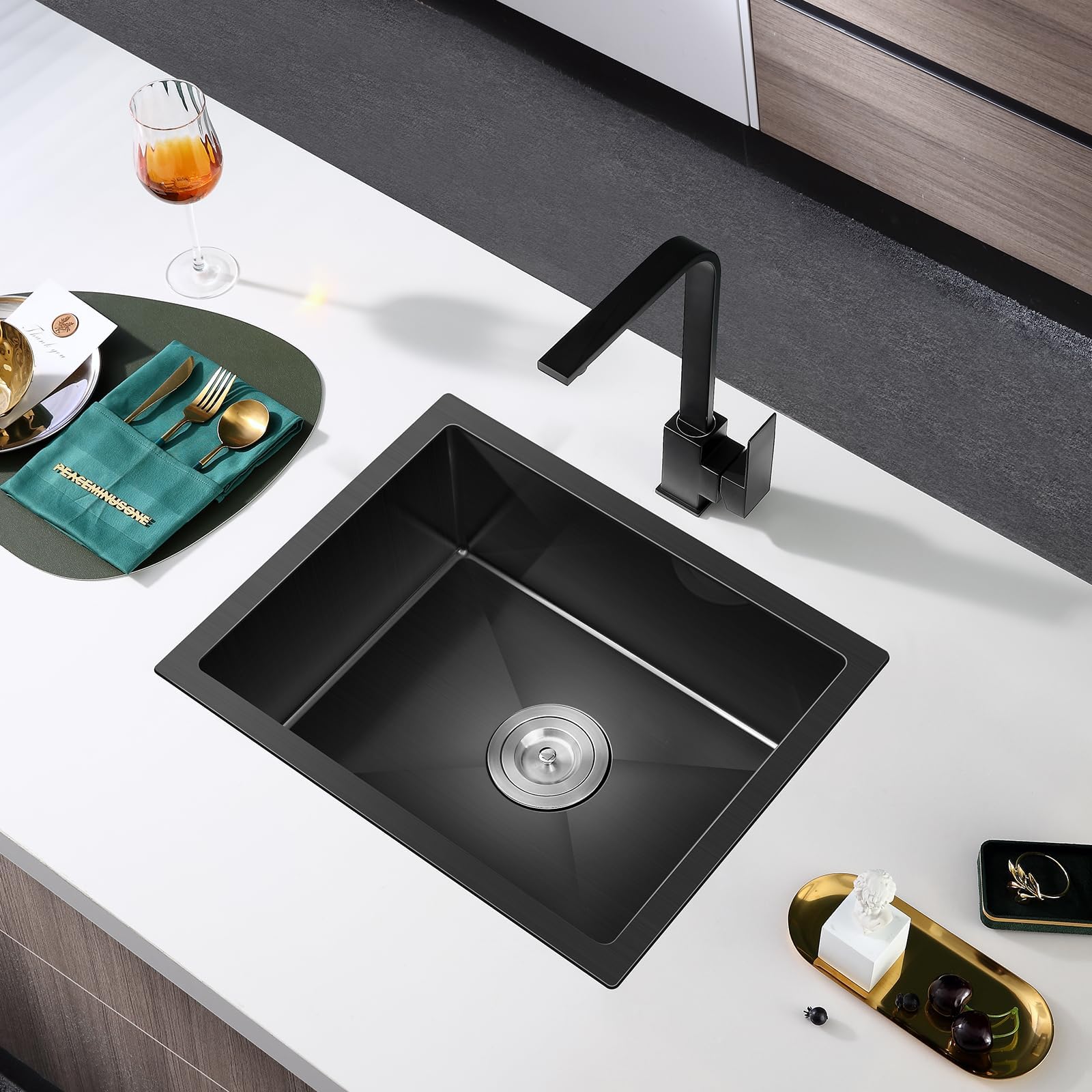 MENATT 24 Inch Undermount Single Bowl Kitchen Sink  SUS304 Stainless Steel Handmade Kitchen Sink Undermount Black  24''x18''x9''