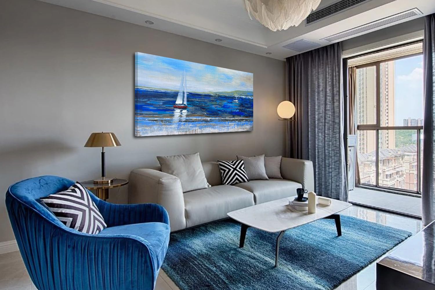 Ardemy Blue Abstract Canvas Wall Art Seascape Painting Landscape Picture Textured Navy Blue Modern Sailboat Ocean Artwork Framed