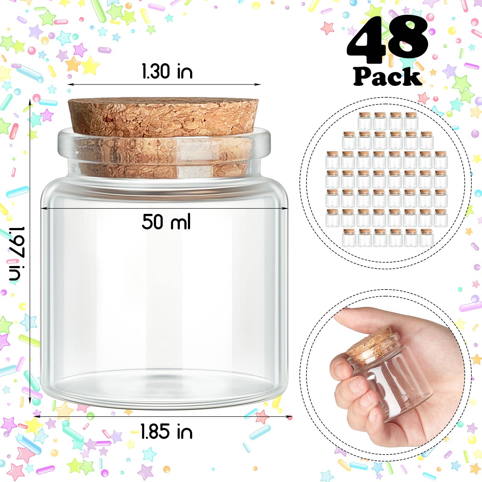 Patelai 48 Pcs Small Glass Jars with Cork Lids Mini Potion Bottles Bulk Tiny Wishing Vial Spell Jars for DIY Art Crafts Gift Chr