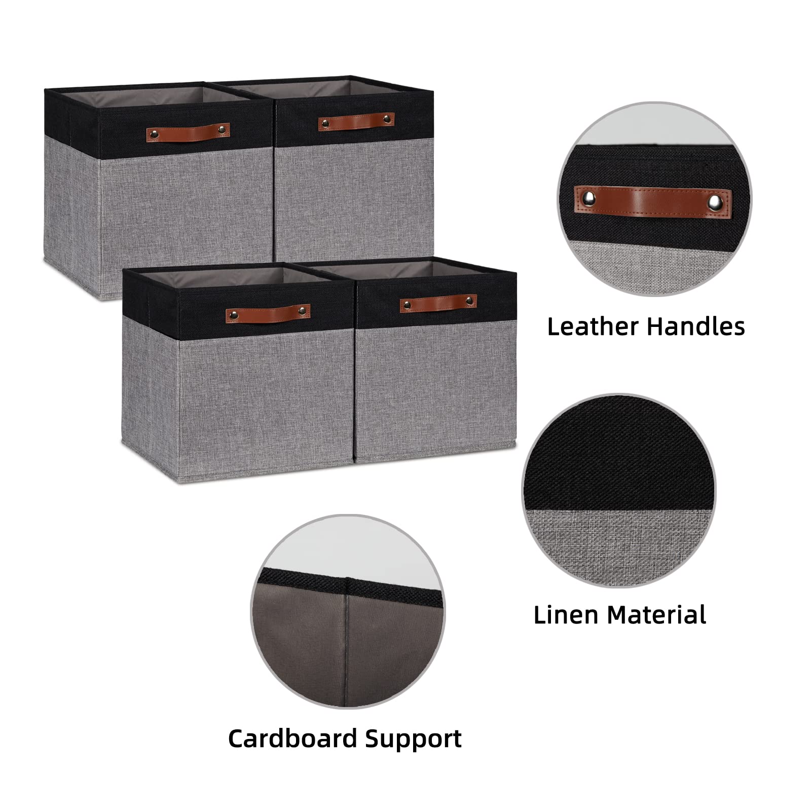 Hnzige Storage Baskets For Organizing, Set Of 4, Square Fabric Storage Cubes Bins 13 X 13, Collapsible Black Storage Bins For Sh