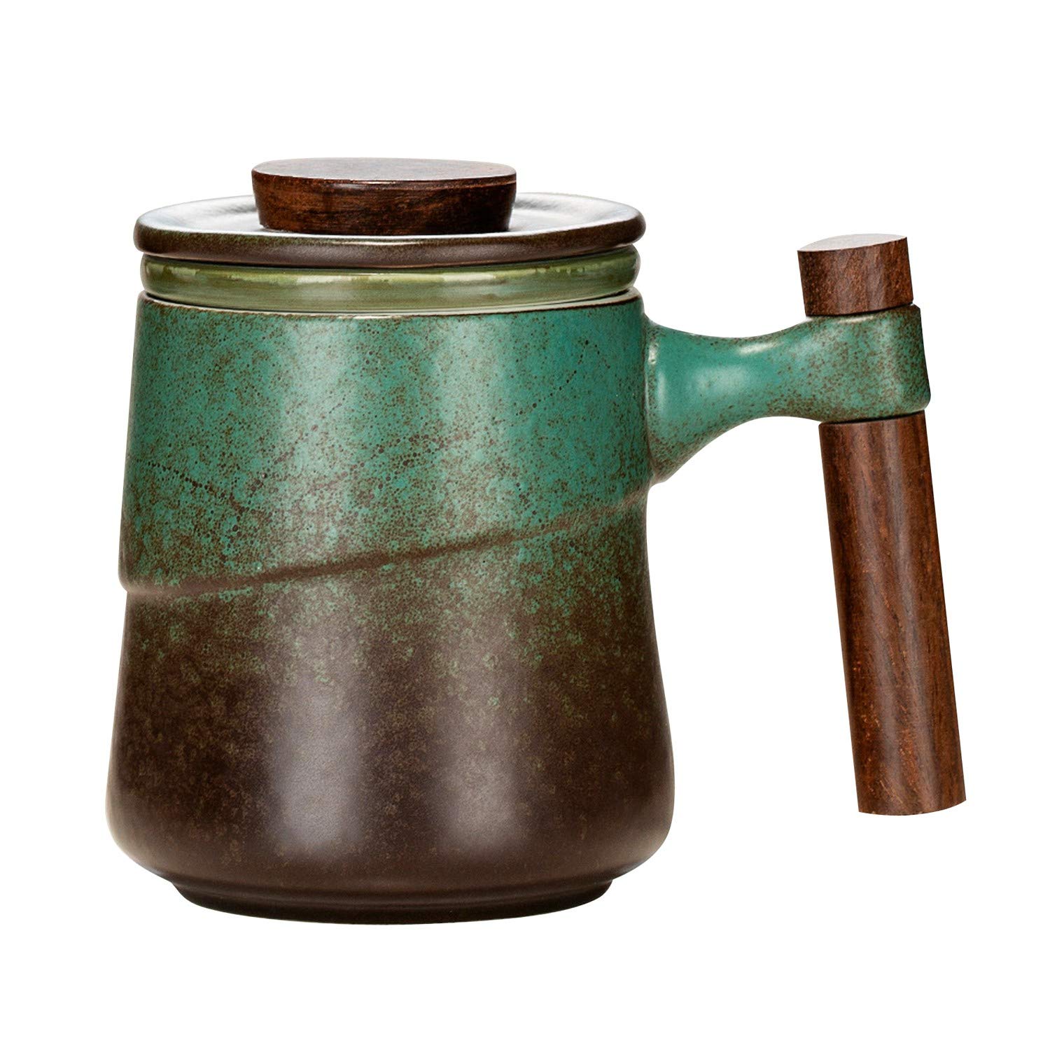 Tea Cup with Infuser and Lid, Rural style Wood Handle Ceramic Mugs Green