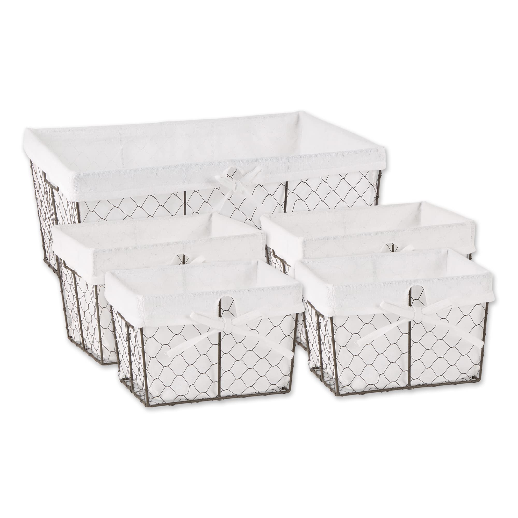 ASST VINTAGE GREY CHICKEN WIRE BLEACHED WHITE LINER BASKET SET/5