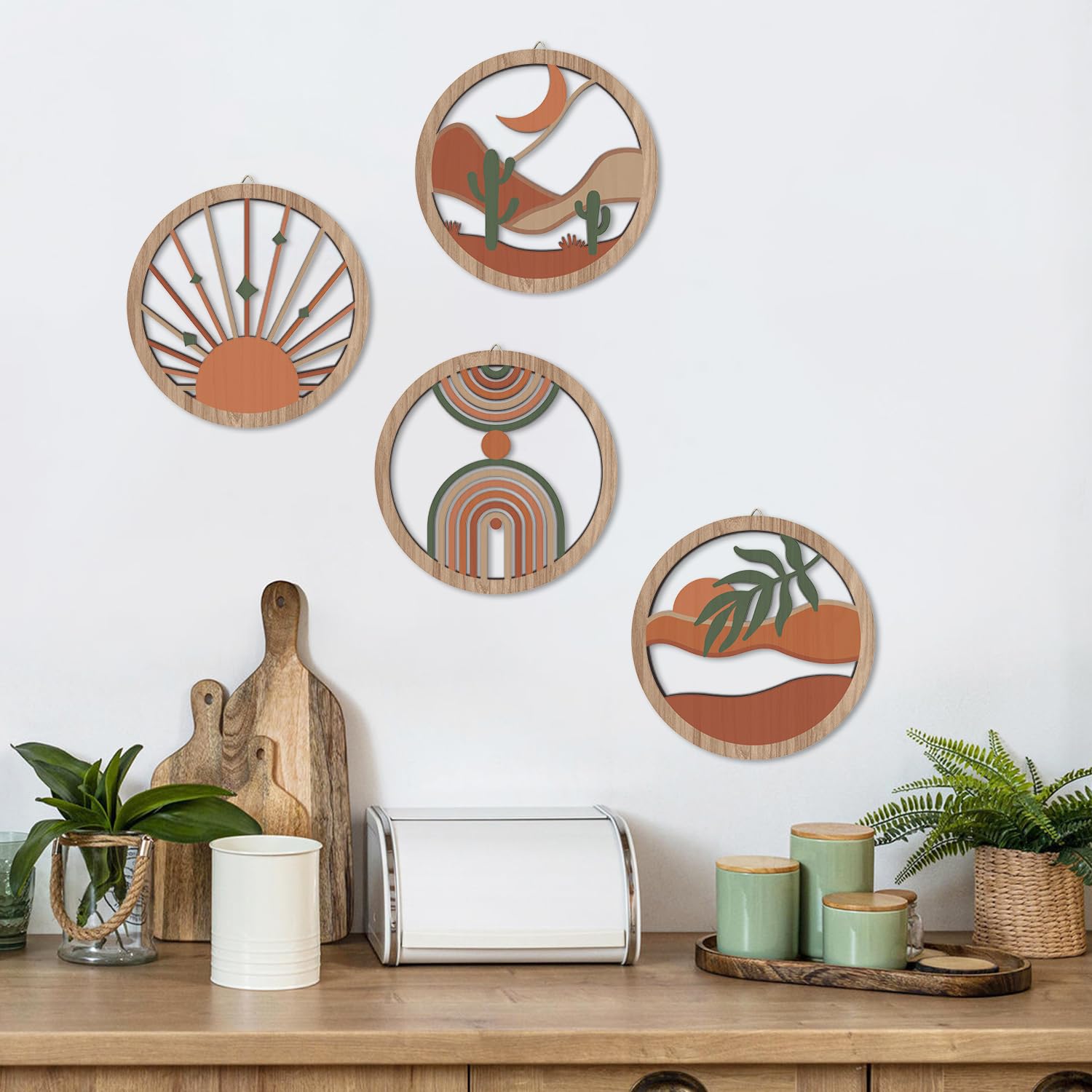 HPNIUB 4 Pcs Boho Wall Art Decor, Bohemian Geometric Hanging Wood Sign for Living Room, Aesthetic Abstract Desert Cactus, Minima