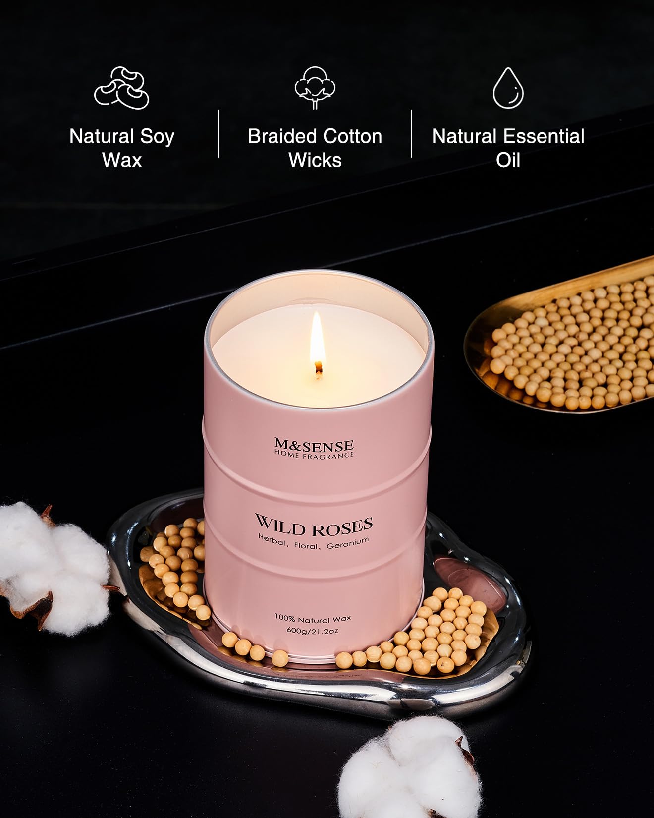 M&SENSE Wild Rose Large Natural Scented Candle, 120 Hours Long Lasting Soy Candles 21.2oz, Stress Relief Luxury Aromatherapy Can