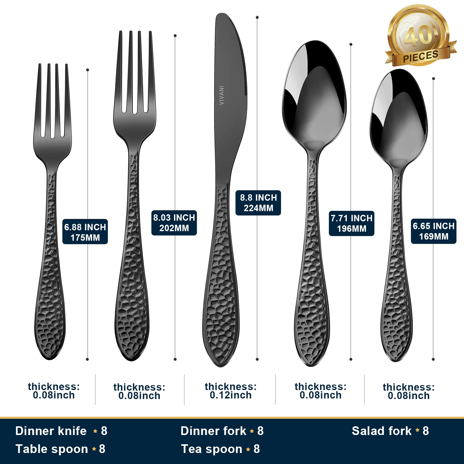 Vivani Arlox 40-Piece Black Silverware Set For 8, Stainless Steel Utensils Set, Hammered Black Flatware Cutlery Set, Mirror Poli