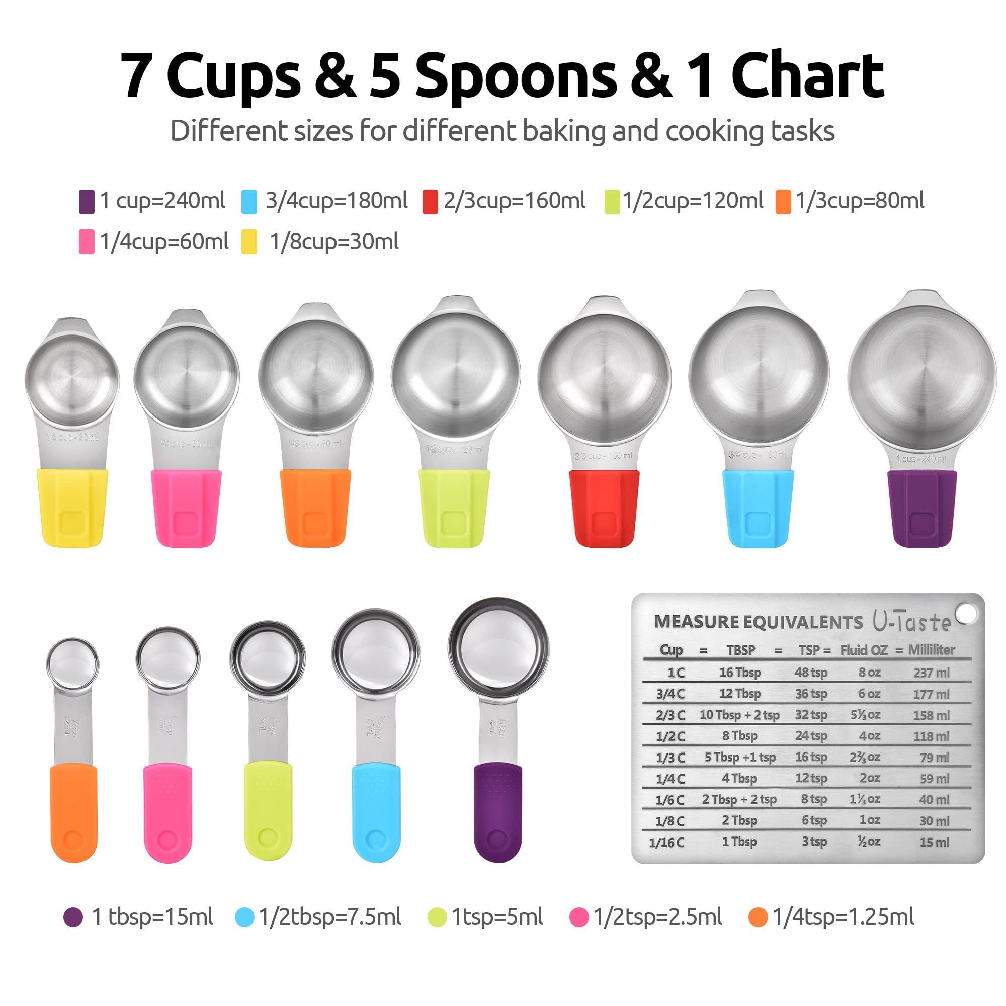 Measuring Cups, U-Taste Magnetic Measuring Cups And Spoons Set Of 13 In 18/8 Stainless Steel: 7 Measuring Cups And 5 Measuring S