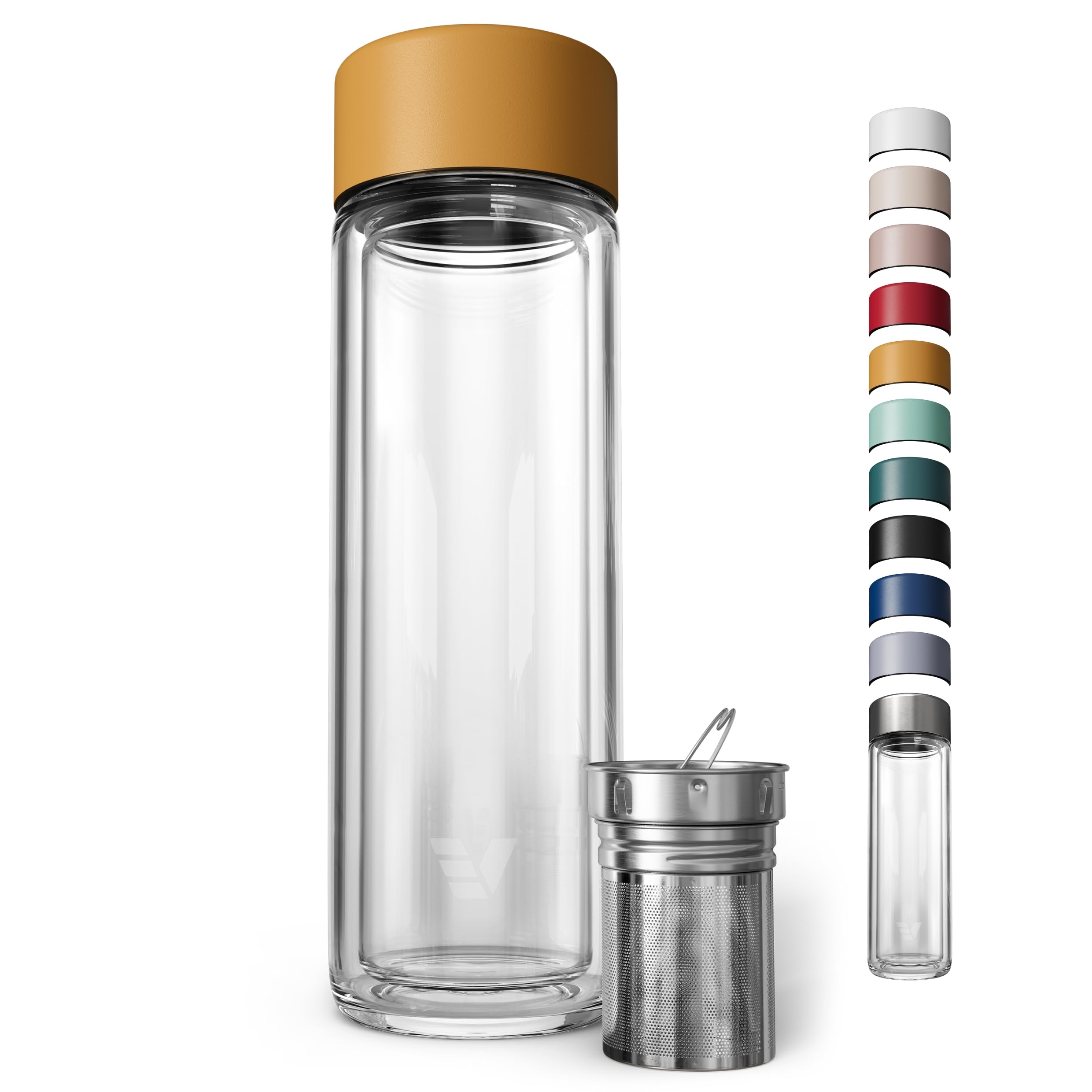 EVER VESSEL Glass Multi Tea Infuser Bottle 14oz  Double Wall Borosilicate Glass Flask | No Plastic Touches Contents | Perfect f