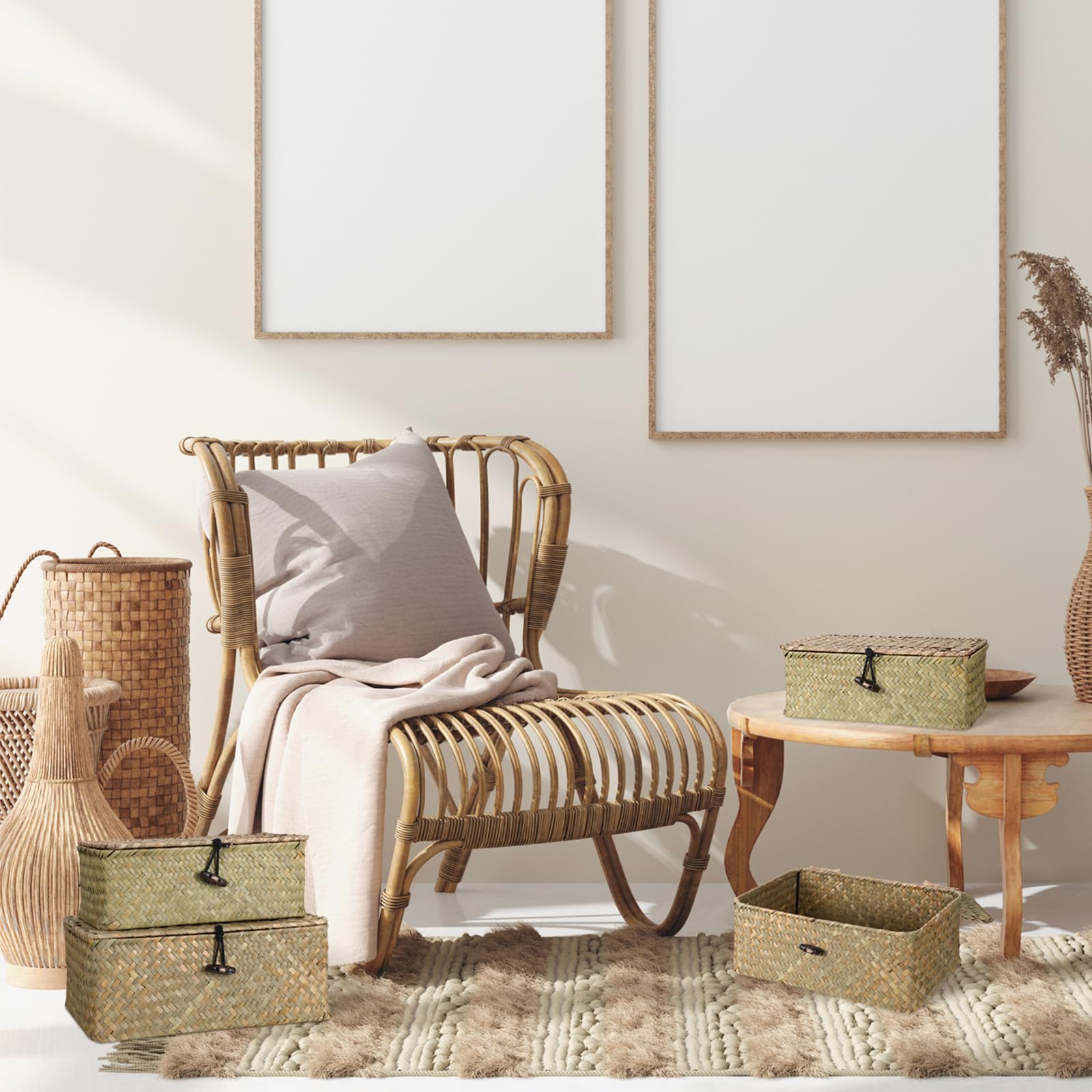 Woanger Set Of 4 Seagrass Basket With Lids Woven Rattan Wicker Storage Basket Decorative Storage Boxes Rectangular Baskets For D