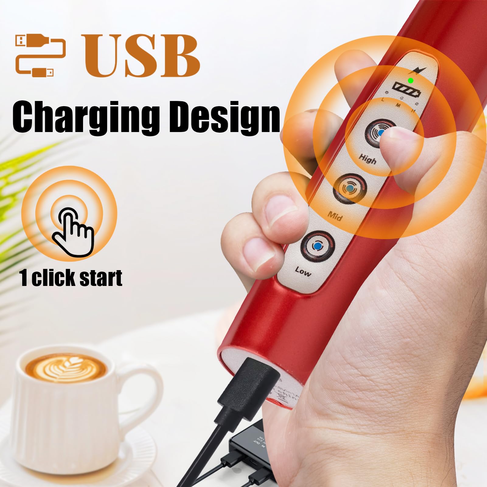 Nahida Red Milk Frother Wand For Coffee, Frother Handheld With Stand Rechargeable Electric Whisk With 3 Heads 3 Speeds Drink Mix