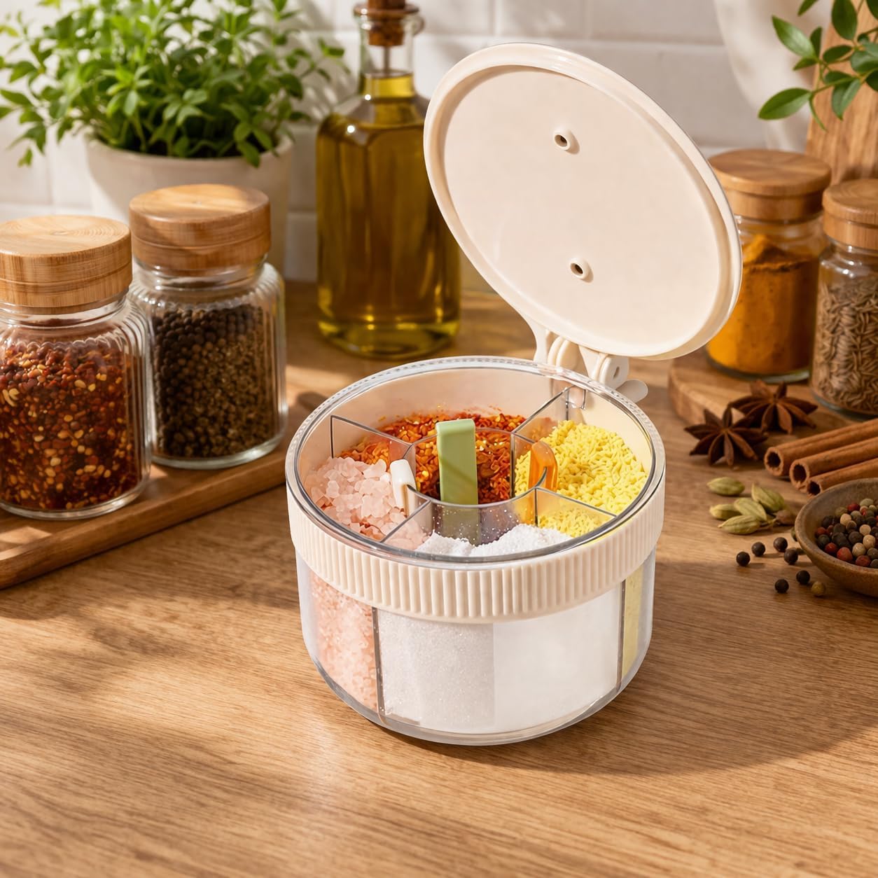 Buy Ease 4 Compartment Masala Dabba | Transparent Spice Box With Lid & Spoon (Round Transprant)