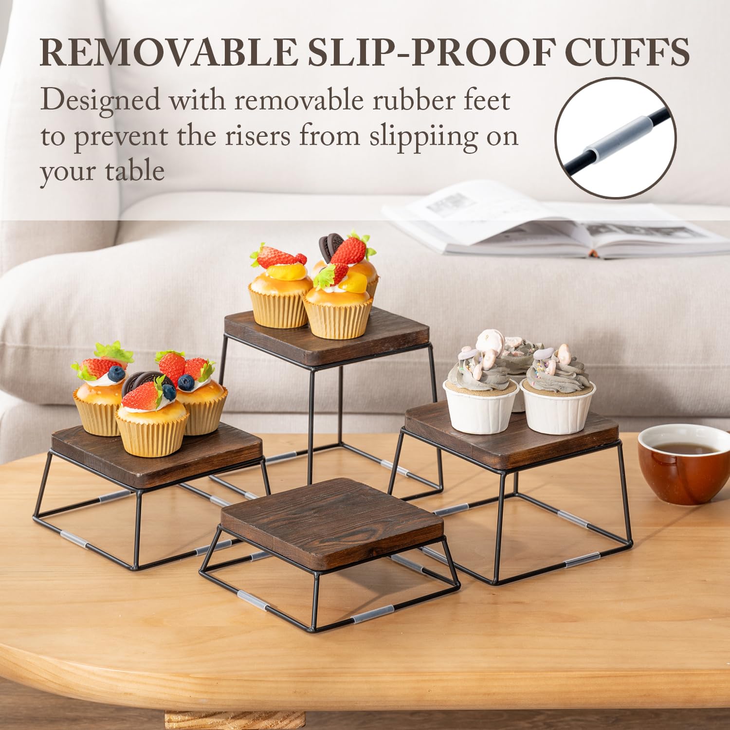 MyGift Burnt Wood & Black Metal Wire Square Retail Food Display Risers/Pizza Stands  Set of 4