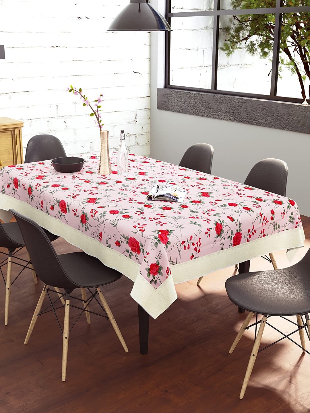 CASANEST 24 Seater PVC Table Cover; Red Roses On Pink Base; Anti Slip; 40x60 Inches; printed001
