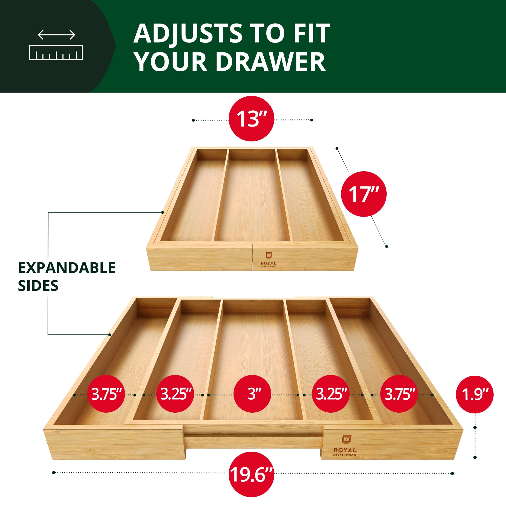 Royal Craft Wood Luxury Bamboo Kitchen Drawer Organizer - Expandable Utensil Organizer For Drawer - Utensil And Silverware Holde