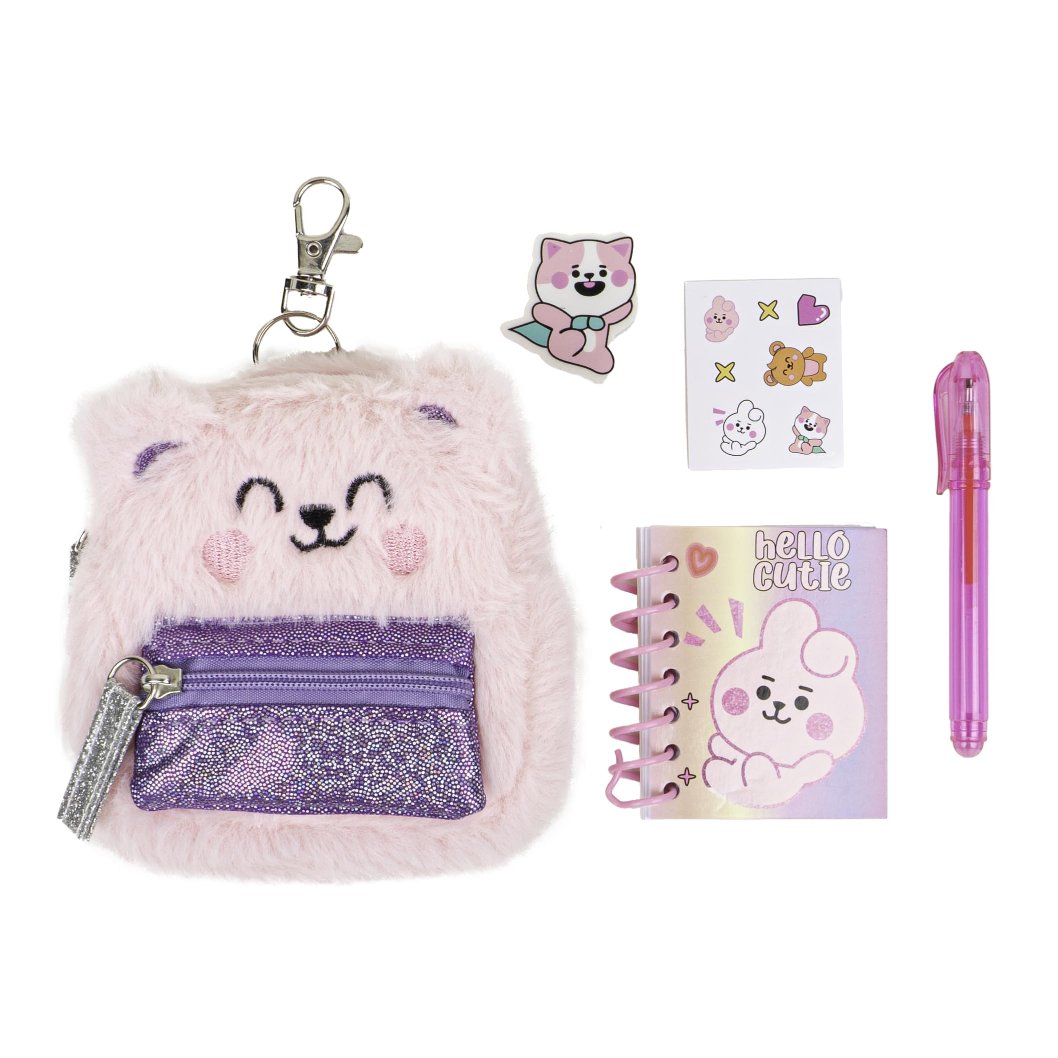 VOTUM Pink Bear Keychain Charm for Backpacks, Purses, Handbags, Car Keys with Stationery Set - Includes Mini Notebook, Gel Pen, 