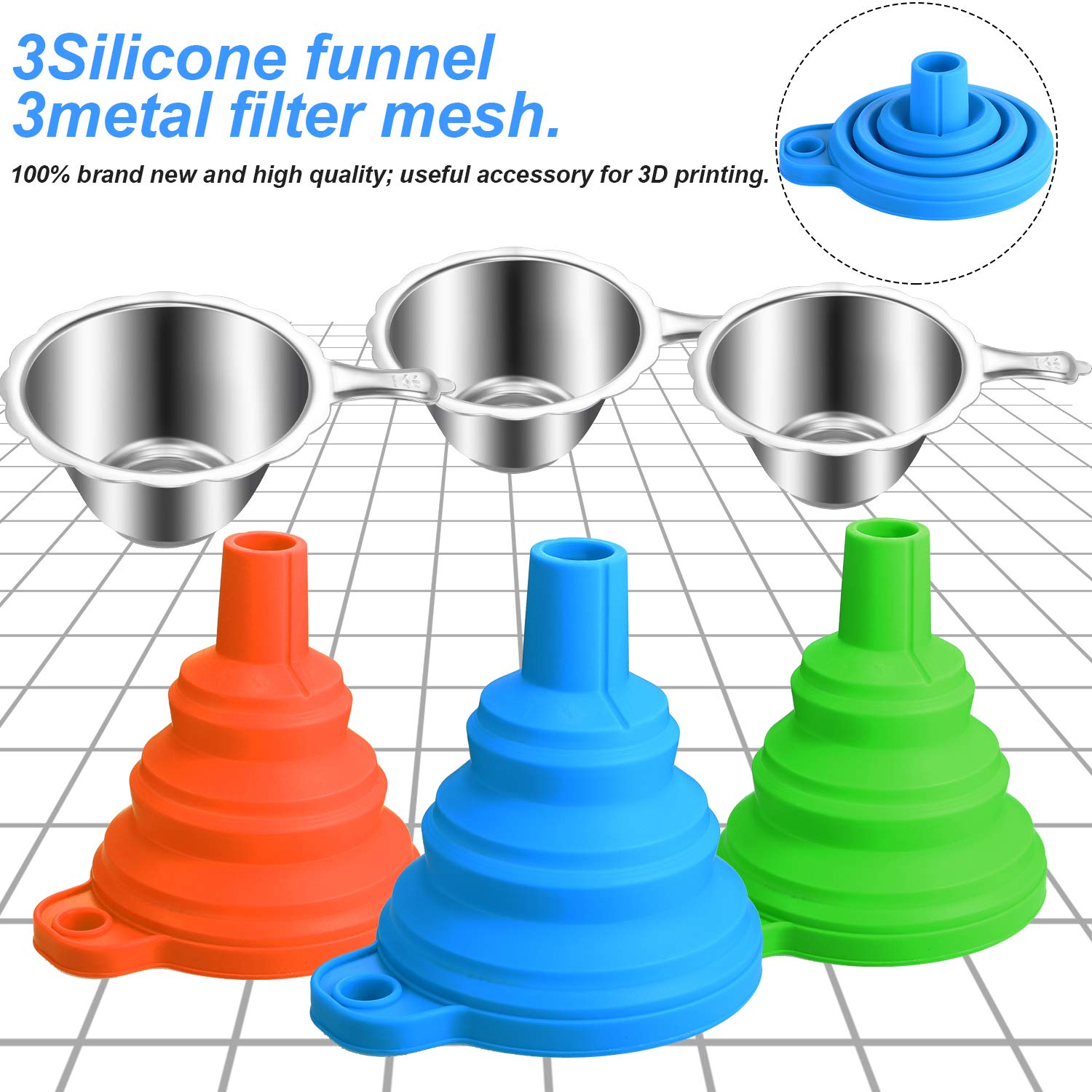 6 Pack Resin Funnels Filter 3D Resin Filter Printer Accessories Include Collapsible Silicone Funnels And Stainless Steel Resin F