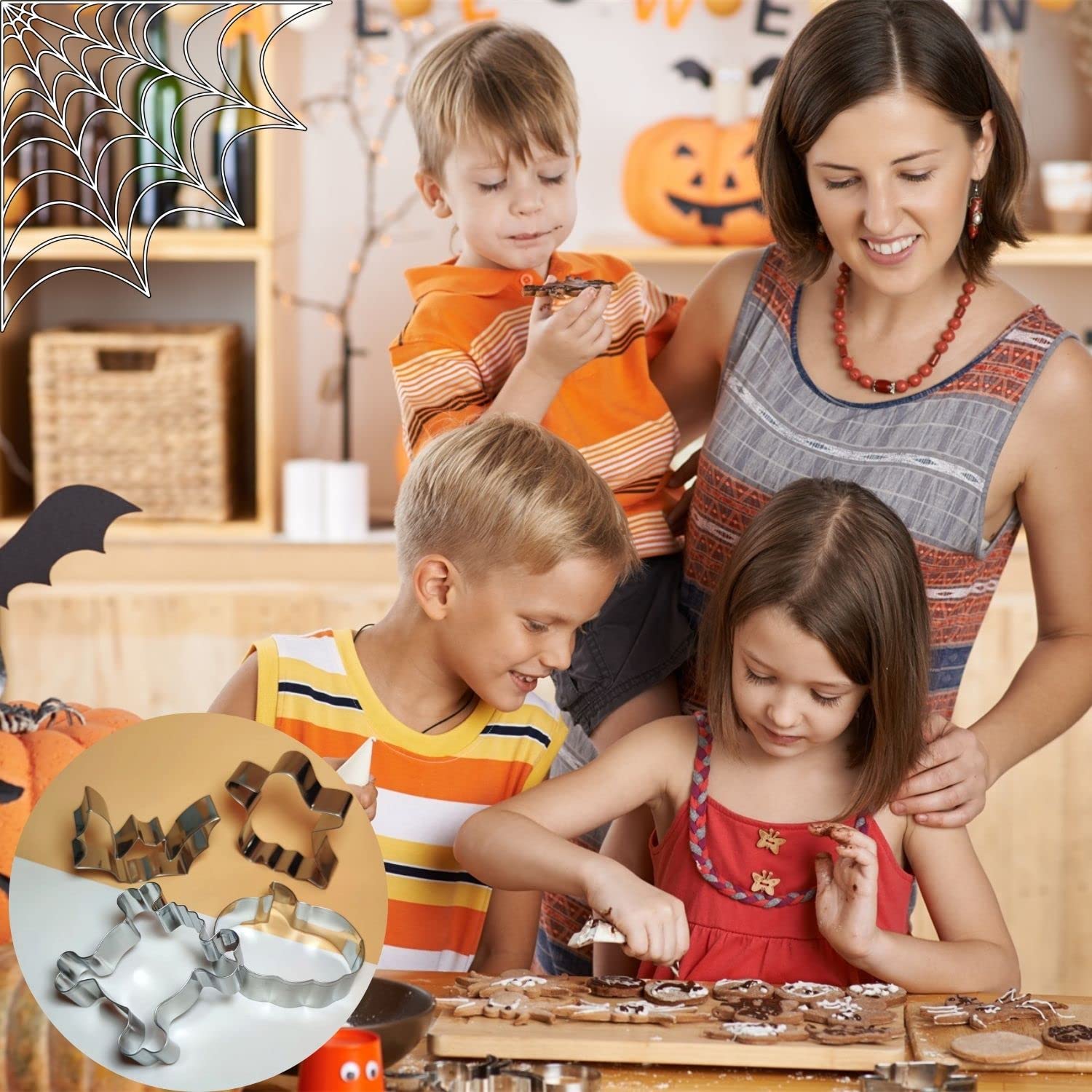 Crethinkaty 4 Pieces Halloween Cookie Cutters Set For Baking - Ghost,Bat,Pumpkin And Skull,Round Shape Stainless Steel Holiday B