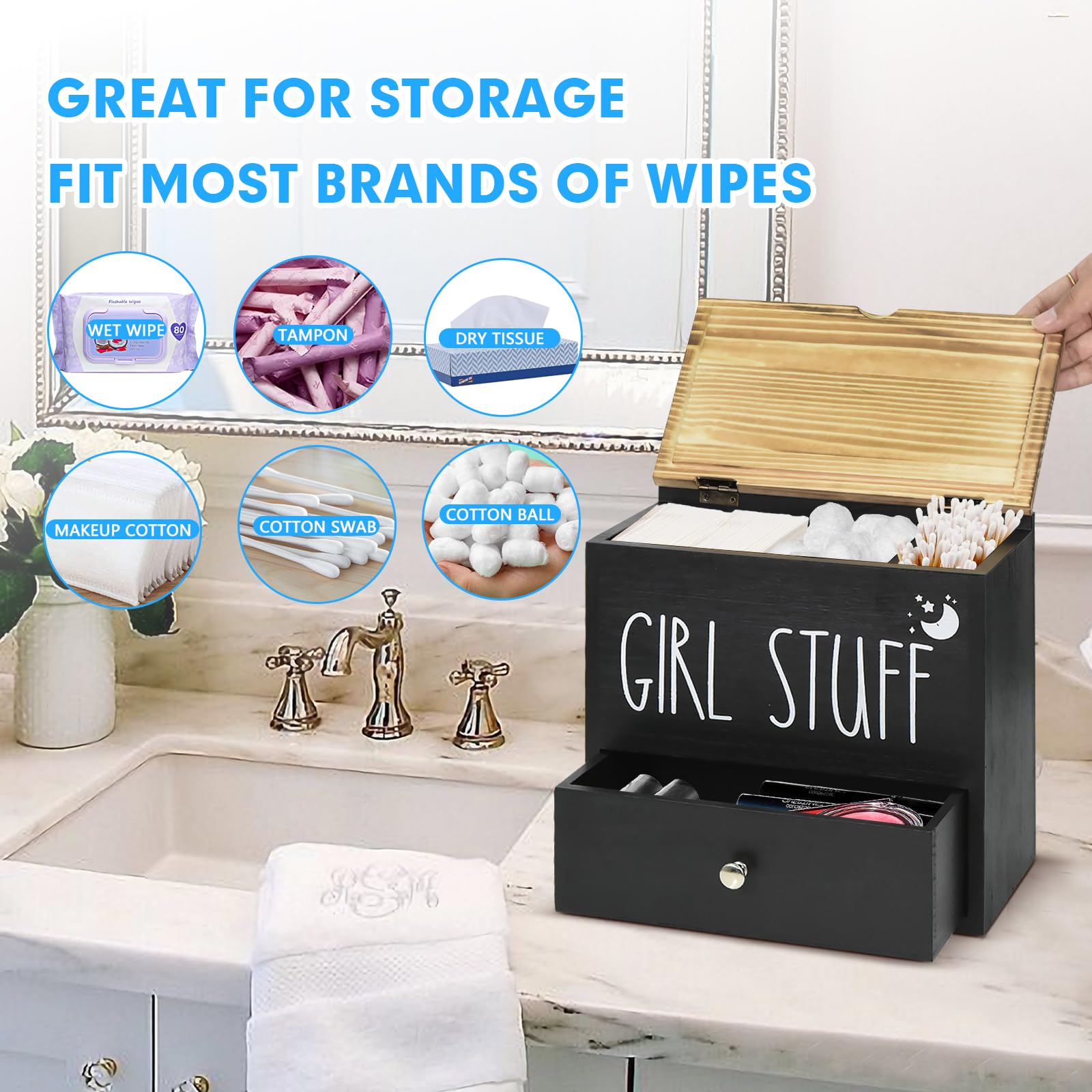 Tampon Holder For Bathroom Decor And Storage, Wood Feminine Product Organizer With Drawer And Lid, Pad And Tampon Organizer Bath