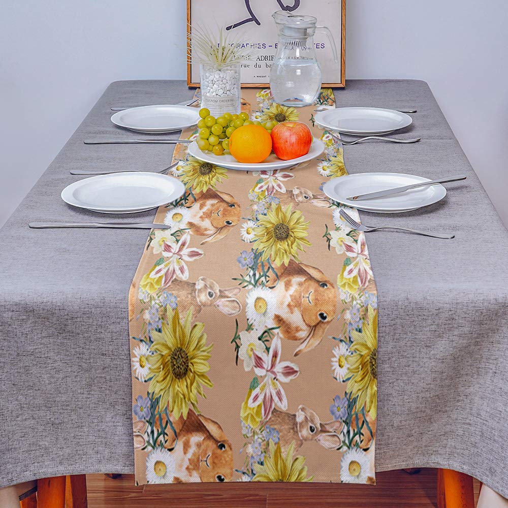 Easter Table Runner Cute Bunny Cotton Linen Dresser Scarves Sunflower Floral Watercolor Non-Slip Runner Rectangle Kitchen Tablec