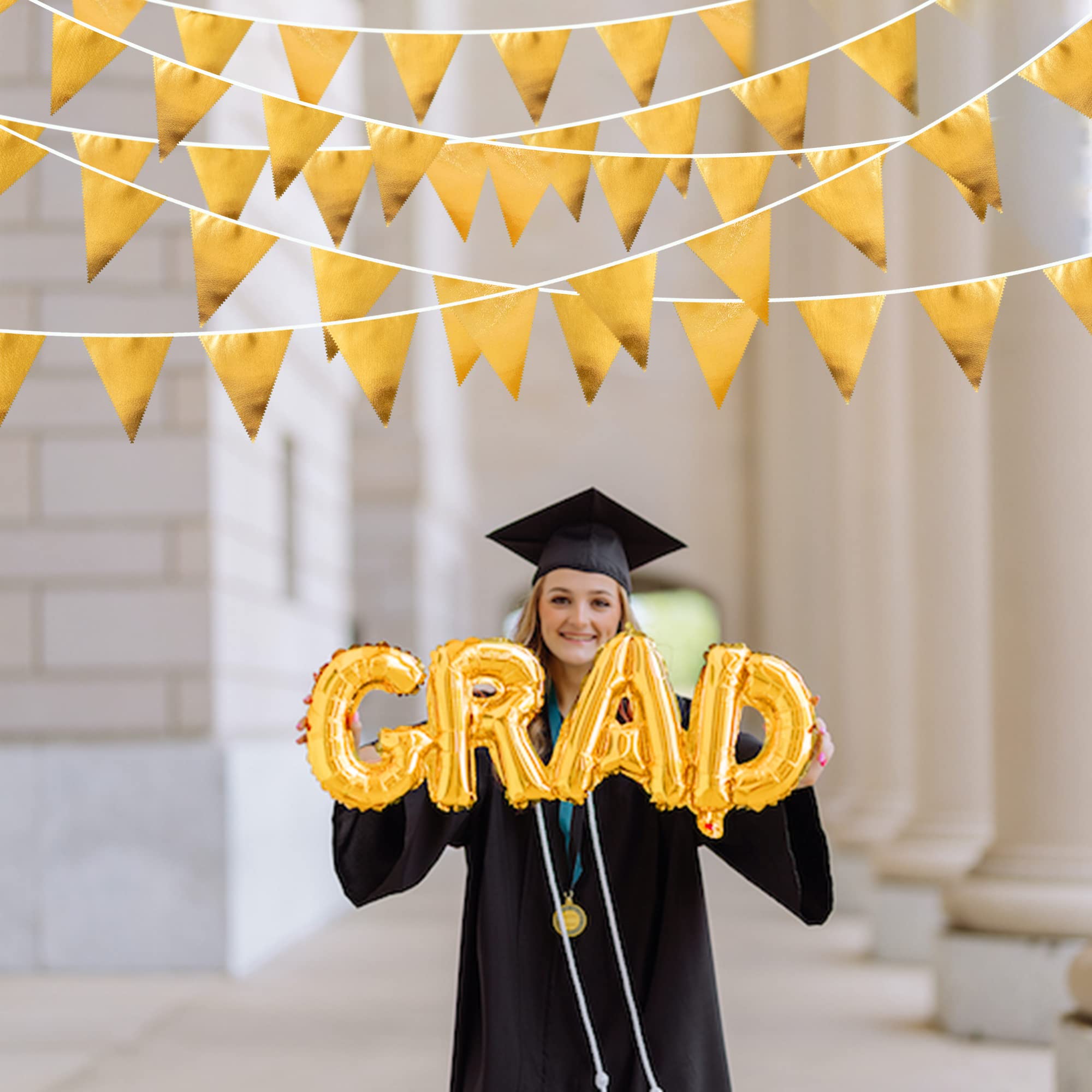 Gold Party Decorations Metallic Fabric Triangle Pennant Banner Gold Flag Bunting Garland For Graduation Birthday Wedding Anniver