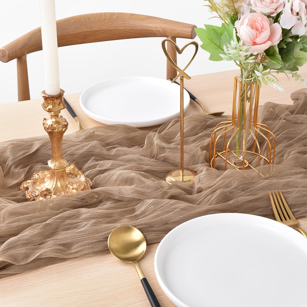 Joanlody Coffee Cheesecloth Table Runner 10Ft Rustic Gauze Cheese Cloth Table Runner Boho Fall Thanksgiving Table Runner For Wed