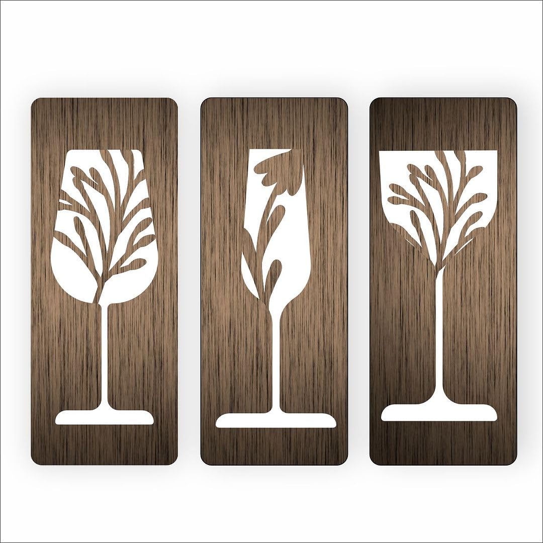 CVANU Set of 3 Leaf & Glass Shape Cutting MDF Self-Adhesive Wall Hanging Cutout for Wall Decoration (10inchX4inch)_W273