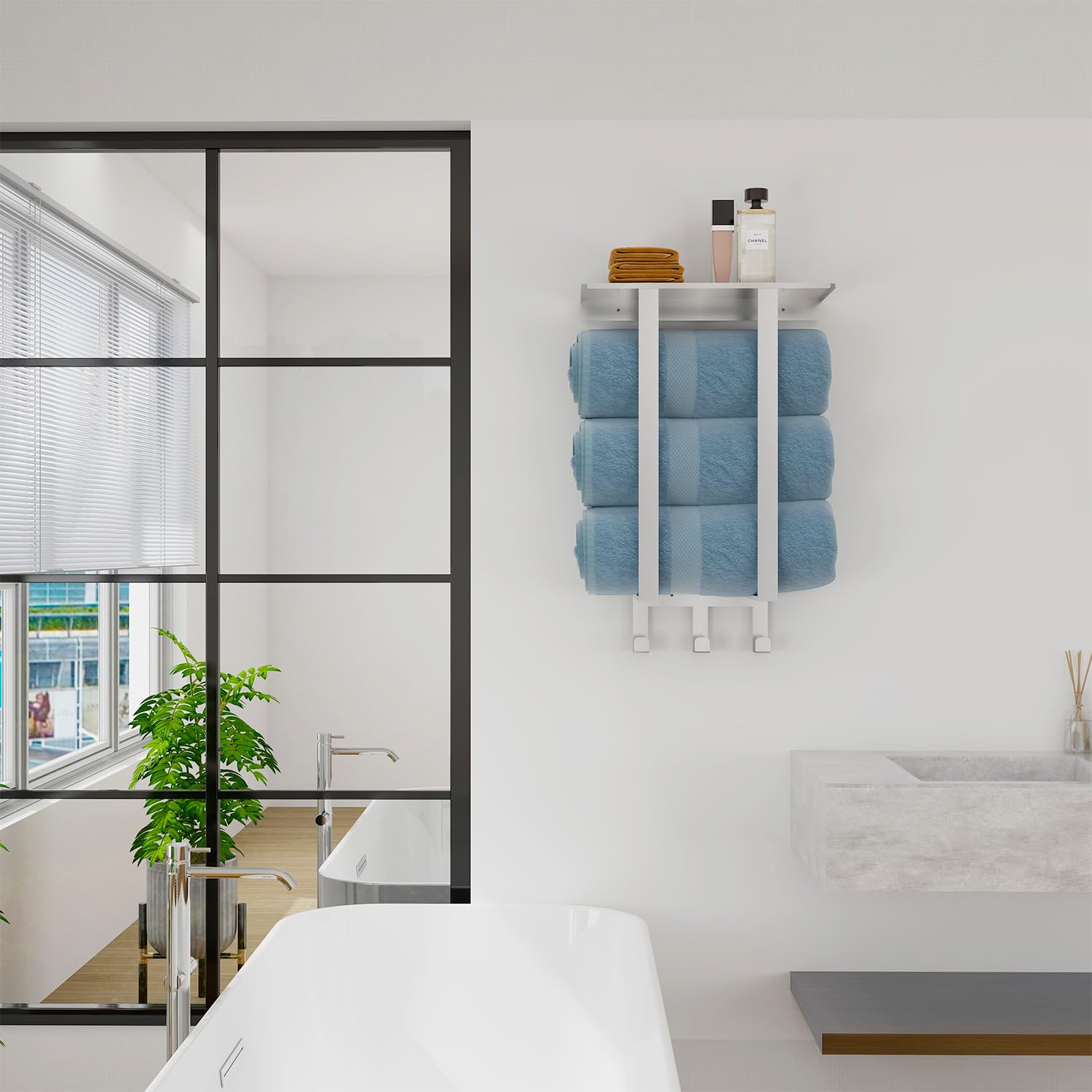 Towel Racks For Bathroom, Bethom Towel Rack Wall Mounted With Shelf & 3 Hooks, Towel Storage For Small Bathroom For Rolled Bath