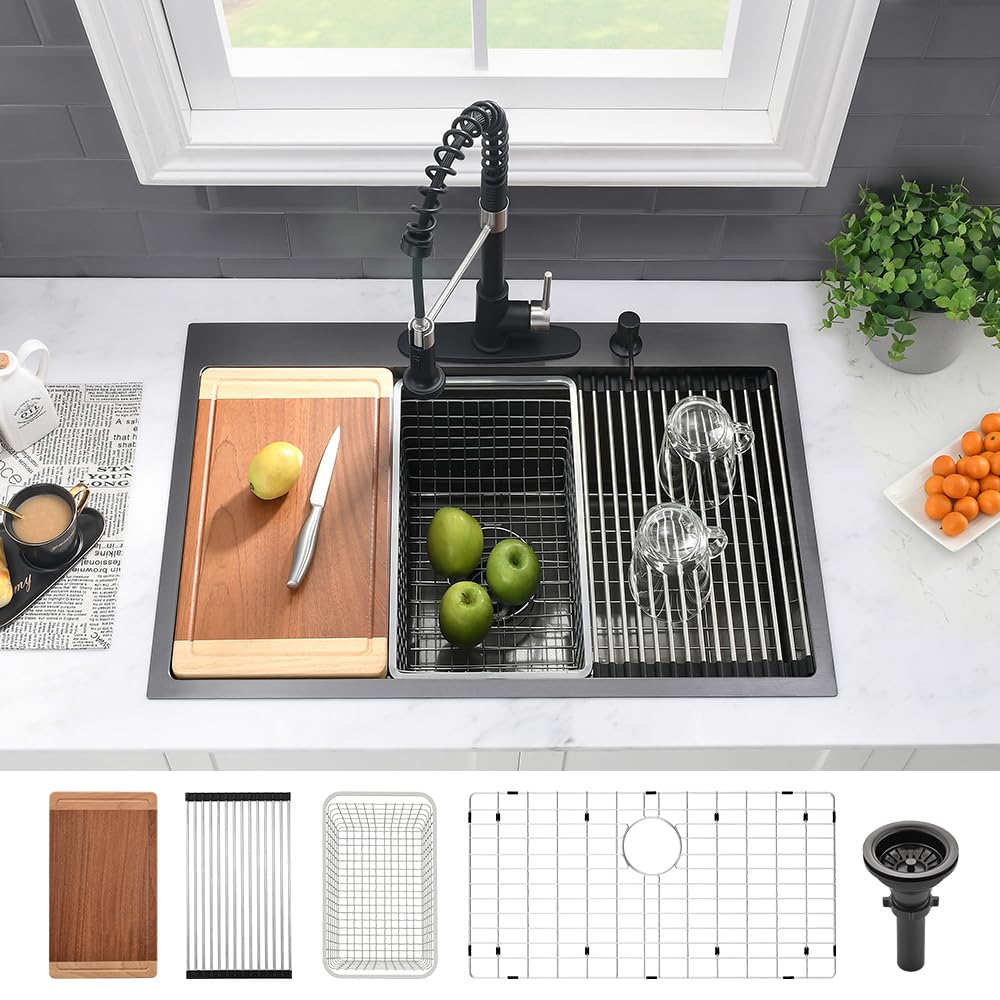 33 Inch Black Drop In Kitchen Sink Workstation-Vasoyo 33X19 Kitchen Sink Drop In Black Stainless Steel Workstation Sink 16 Gauge