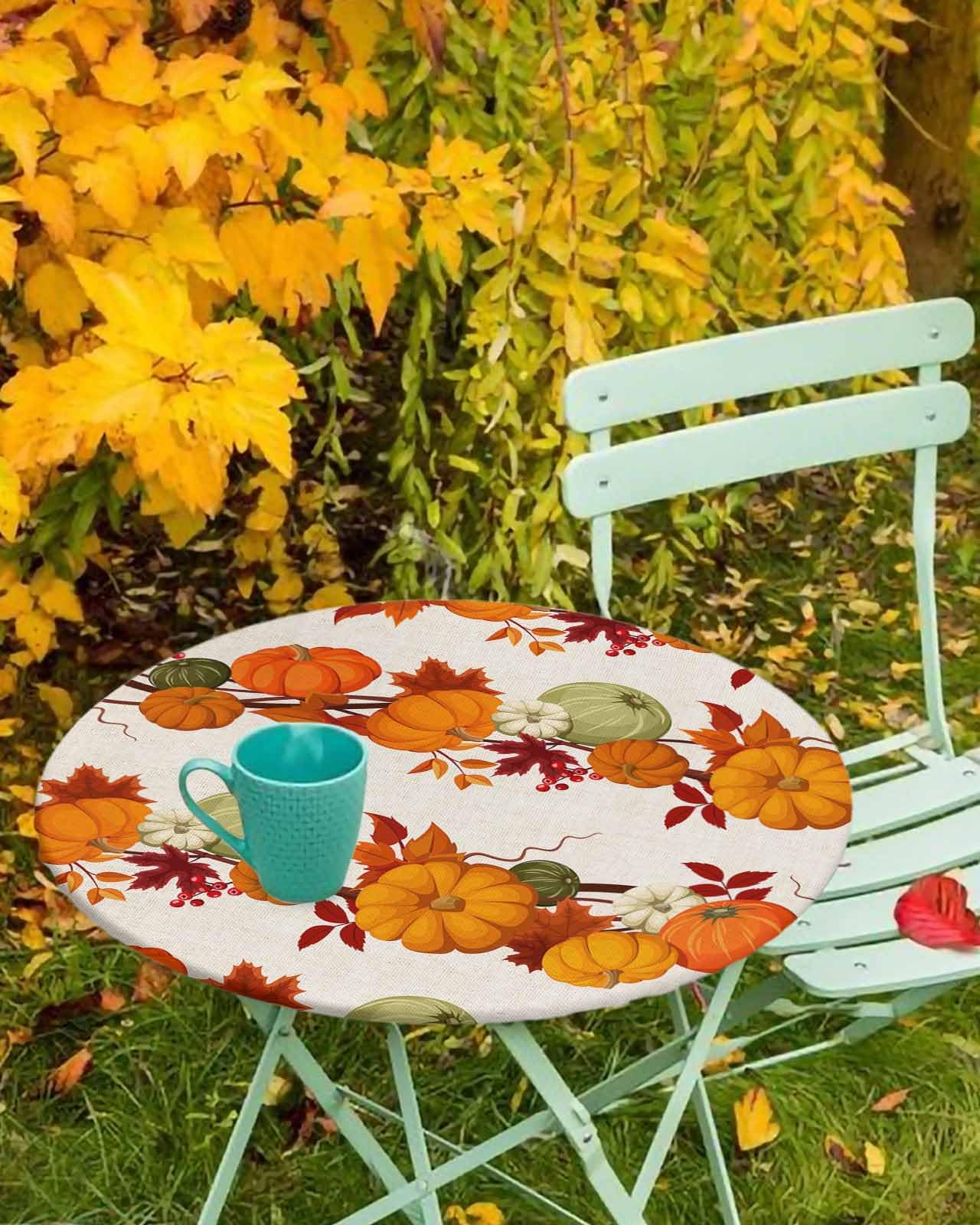 Chucoco Thanksgiving Day Round Fitted Table Cover For Dining Tables,Elastic Edged Tablecloth Autumn Maple Leaf Pumpkins Vines Wa