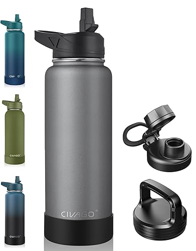 CIVAGO 40 oz Insulated Water Bottle With Straw  Stainless Steel Sports Water Flask Cup with 3 Lids (Straw  Spout and Handle Lid)  Double Walled Travel Thermal Canteen Mug  Cool Gray