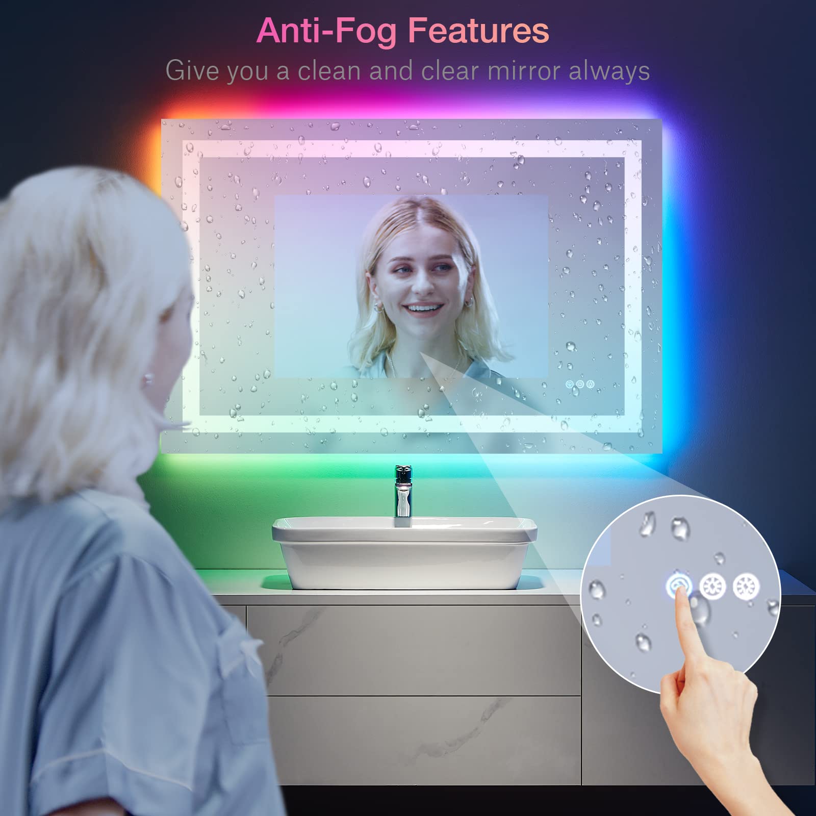 LOAAO 48''X32'' LED Bathroom Mirror with Lights  Anti-Fog  Dimmable  RGB Backlit + Front Lighted  Bathroom Vanity Mirror for Wall  Memory Function