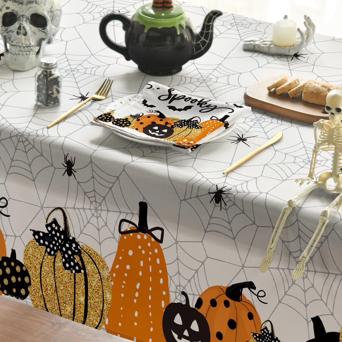 Horaldaily Halloween Tablecloth 60X104 Inch Rectangular, Jack-O-Lantern Pumpkin Cobweb Scary Themed Washable Table Cover For Par