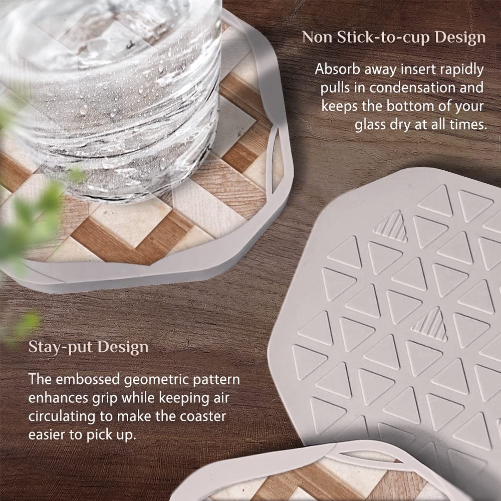 UMIRRO Absorbent Felt Coasters for Drinks with Silicone Case  Rustic Country Farmhouse Cup Coaster Set for Wooden Coffee Table Decor  Boho Tile Design  Brown  4''  4 Pack