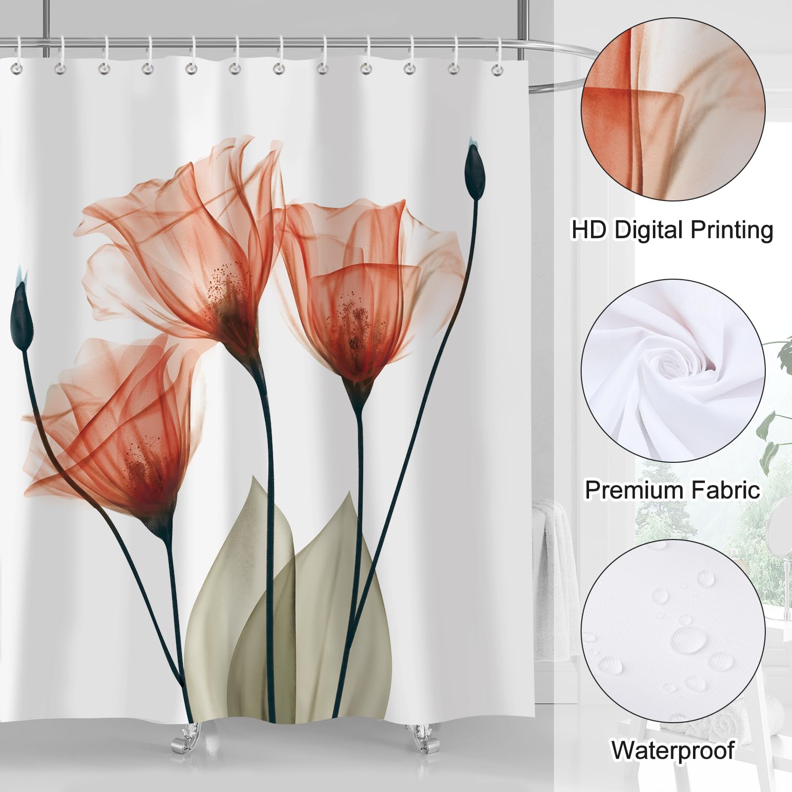 Zchomi Orange Floral Shower Curtain Watercolor Tulip Flower Shower Curtain For Bathroom Waterproof Polyester Fabric Bathroom Cur
