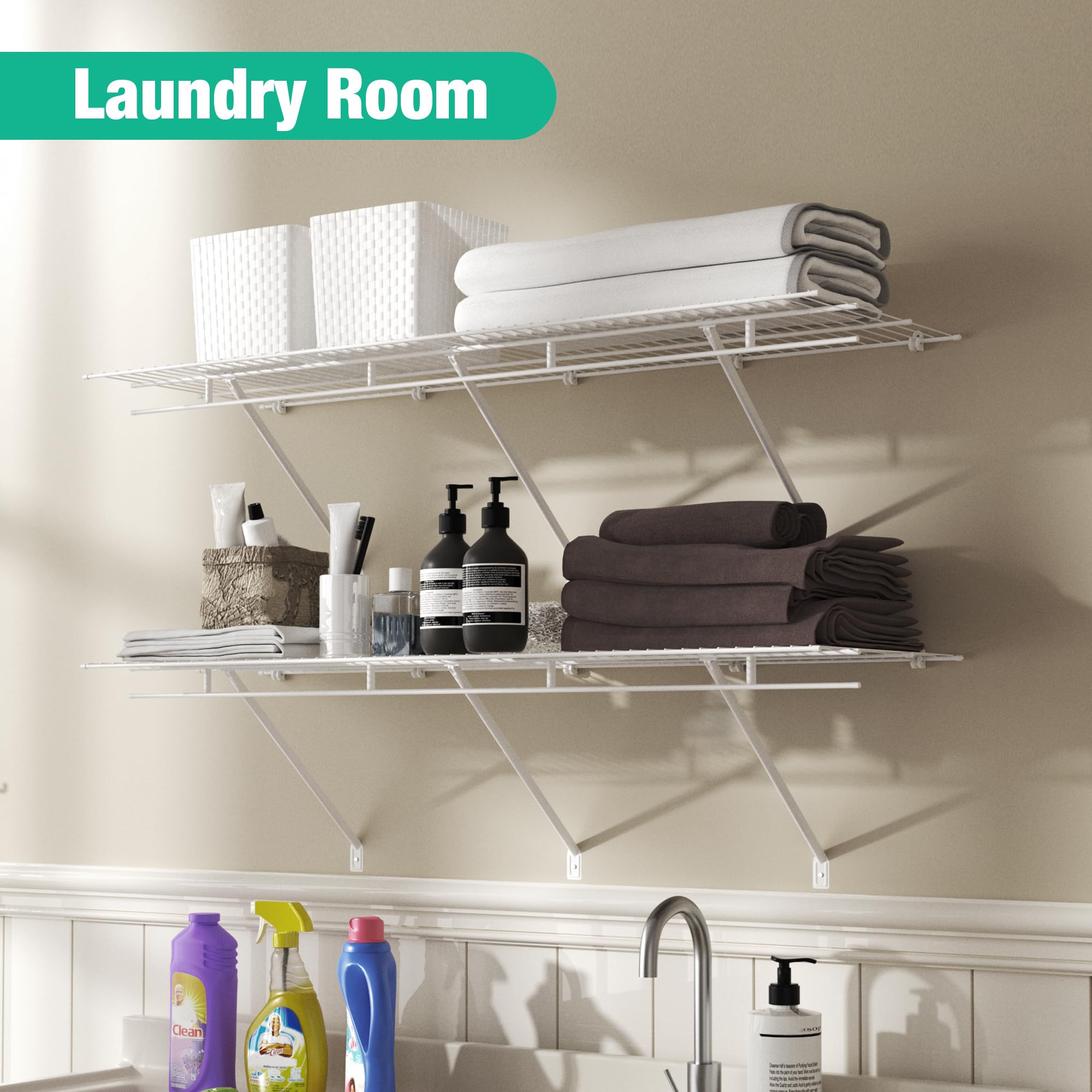 Haushof Closet Shelves 4Ft X 16In Wall Mounted 2-Pack, White Metal Wire Shelving For Laundry Room, Closet, Basement Organization