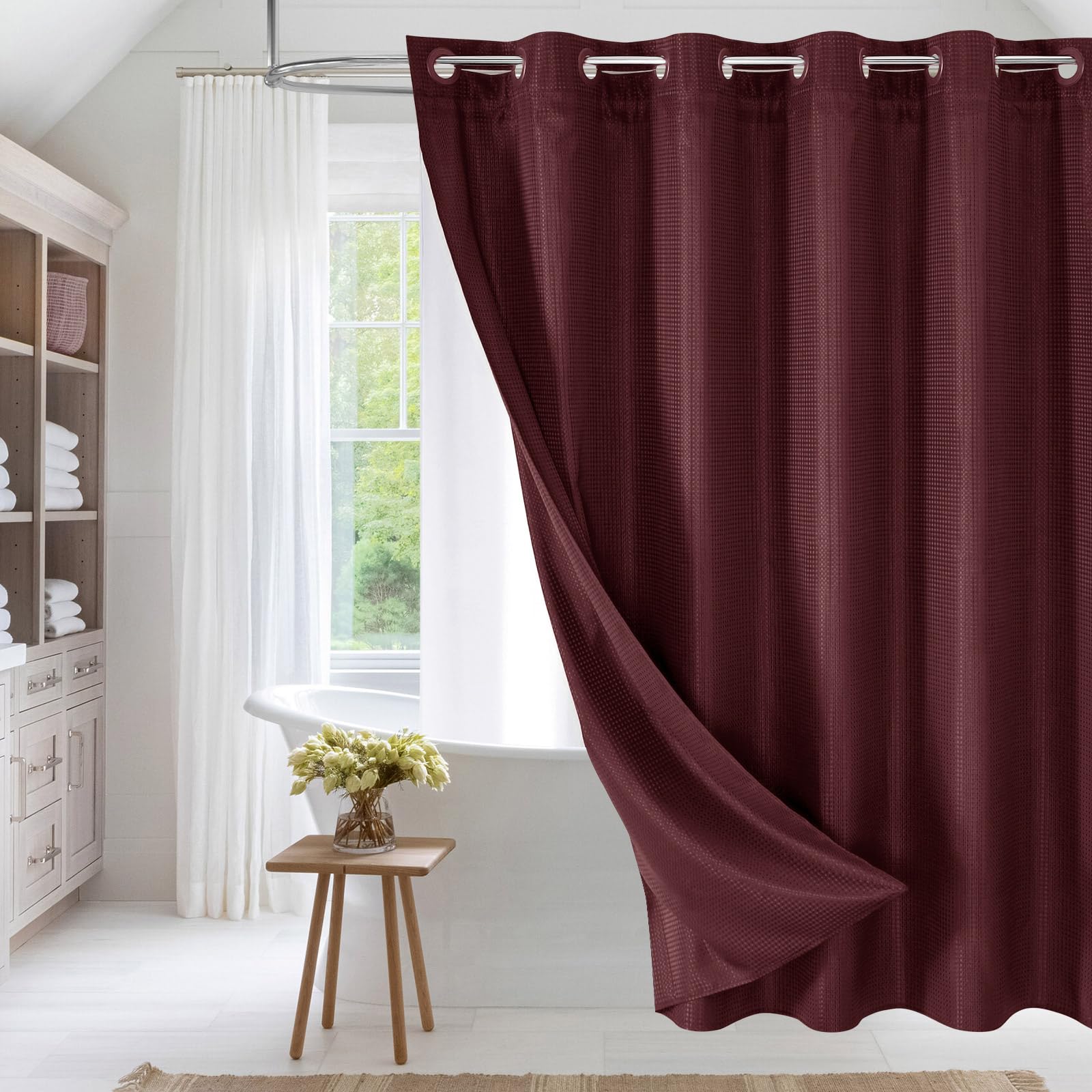 Mitovilla No Hooks Needed Burgundy Waffle Shower Curtain With Snap-In Liner, Modern Waffle Weave Heavy Duty Fabric Cloth Shower
