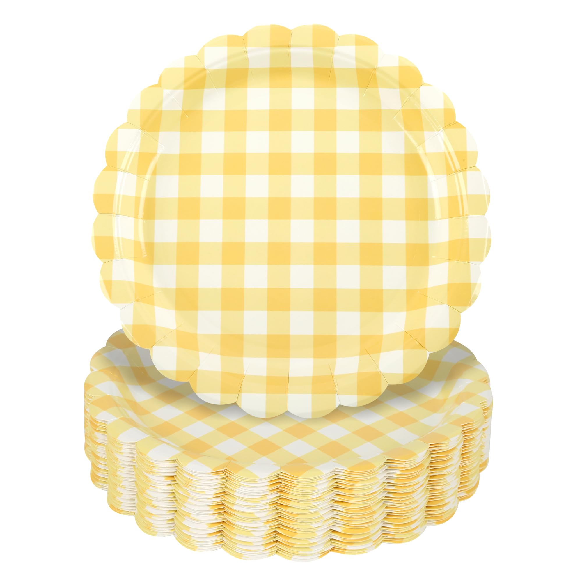 Houuqe 48 Pcs Yellow Scalloped Paper Plates - 7Inch Gingham Paper Plates Blue and White Checkered Party Plate Disposable Plaid D
