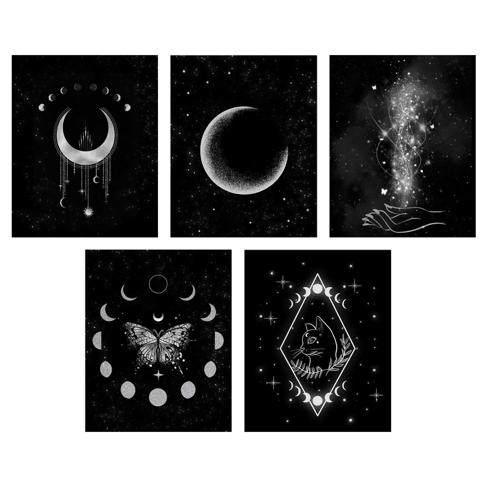 Origach Moon Phases Wall Art Prints, Set Of 5, Minimalist Boho Moon Phase Star Witch Wall Prints, Moon Stars Cat Celestial Witch