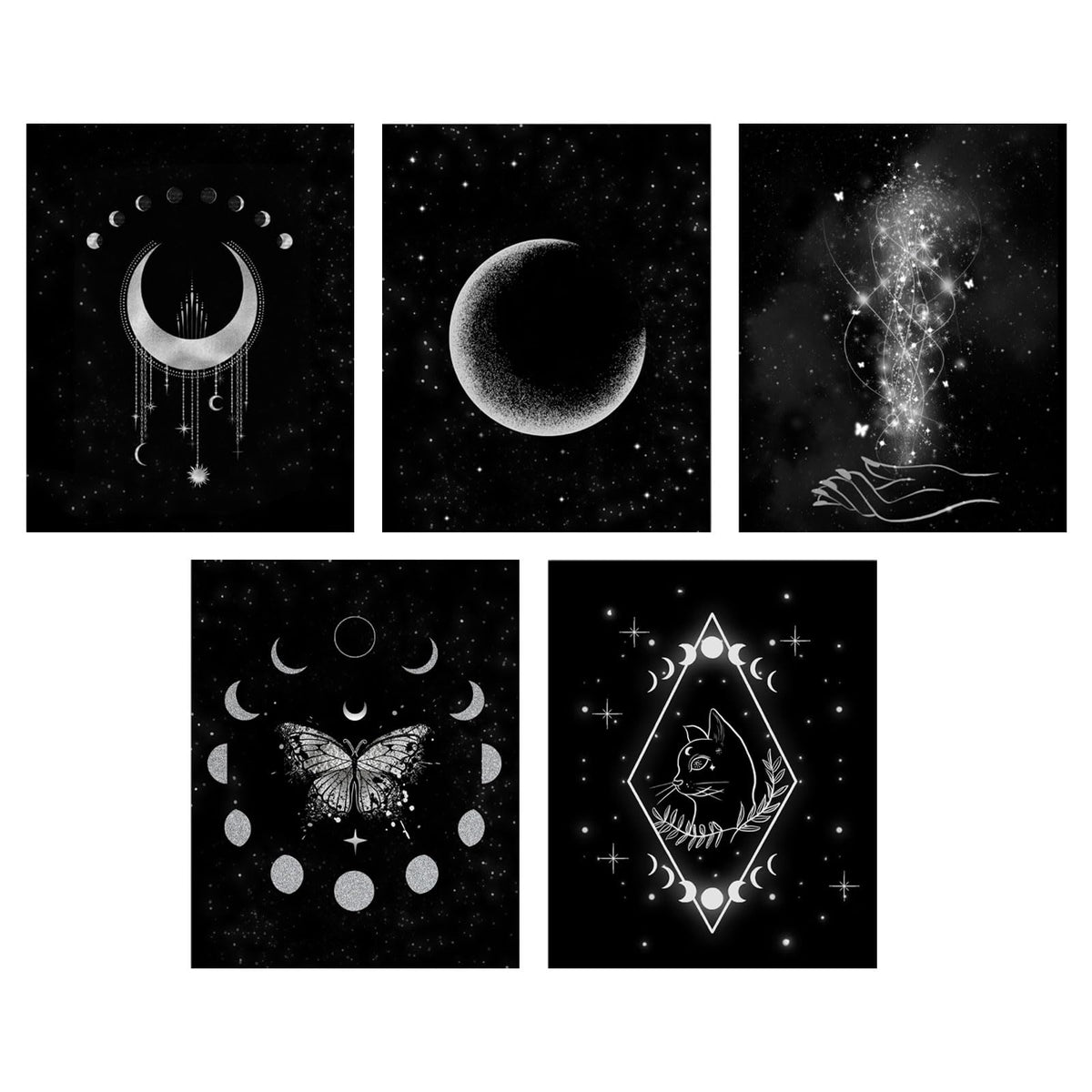 Origach Moon Phases Wall Art Prints, Set Of 5, Minimalist Boho Moon Phase Star Witch Wall Prints, Moon Stars Cat Celestial Witch