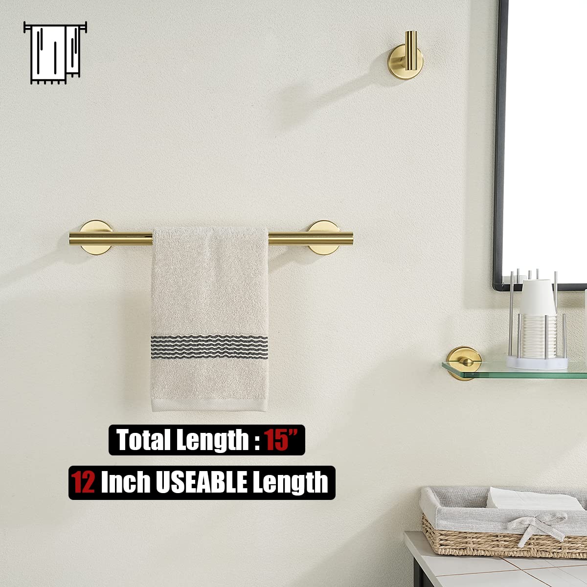 JQK Bathroom Towel Bar  12 Inch 304 Stainless Steel Thicken 0.8mm Towel Rack  Towel Holder Brushed Gold Wall Mount  Total Length 15 Inch TB110L12-BG