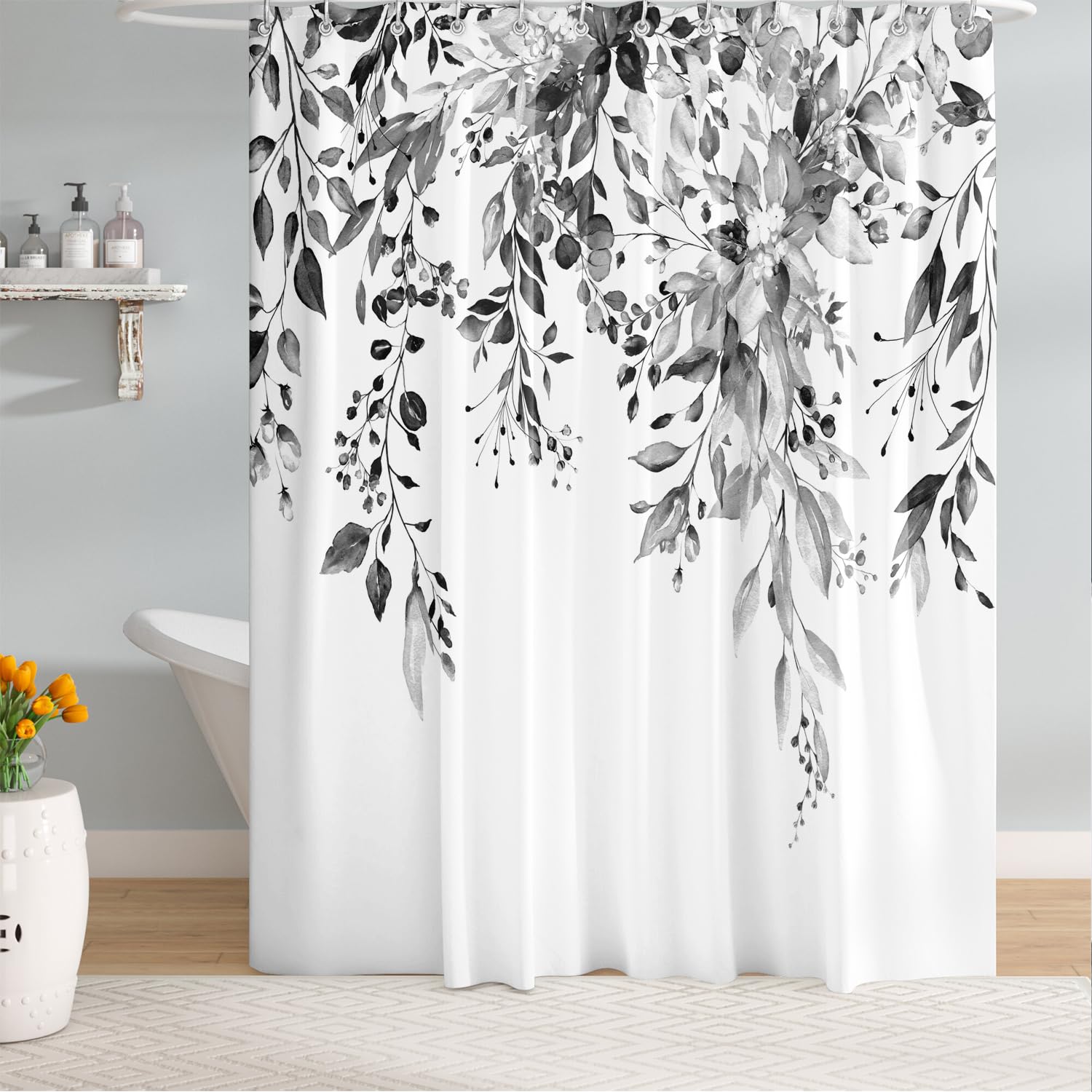 Bivinar Black And White Eucalyptus Leaves Shower Curtain, Watercolor Plant Floral Bathroom Shower Curtain, Fabric Waterproof Bot