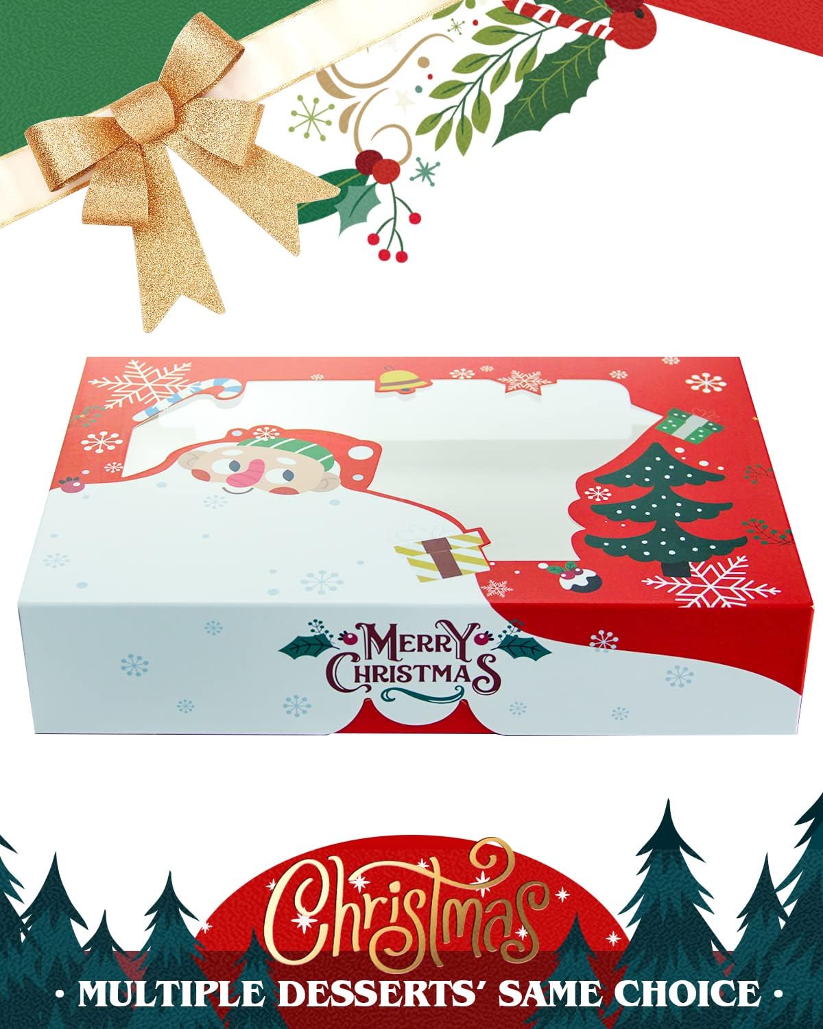 qiqee Christmas Cookie Boxes for Gift Giving 8x5.3x2 inch 24Packs Christmas Bakery Box with Window Treat Box for Donuts Candies